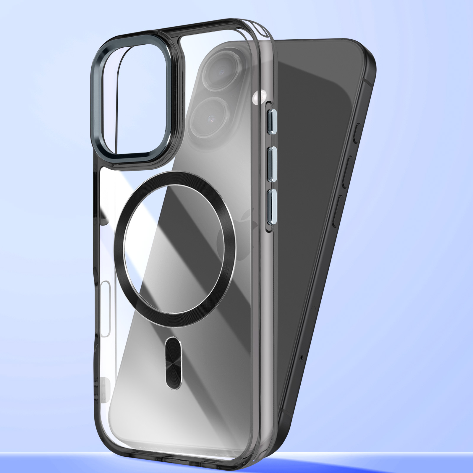 Transparante telefoonhoes met magneetring en camerabescherming.