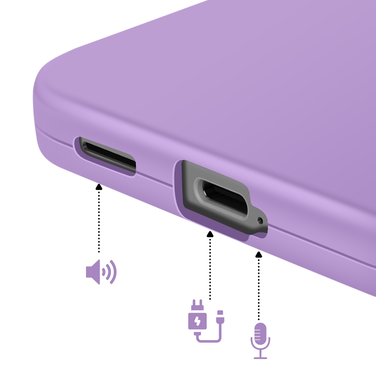Coque violette avec ports pour charge, audio et micro.