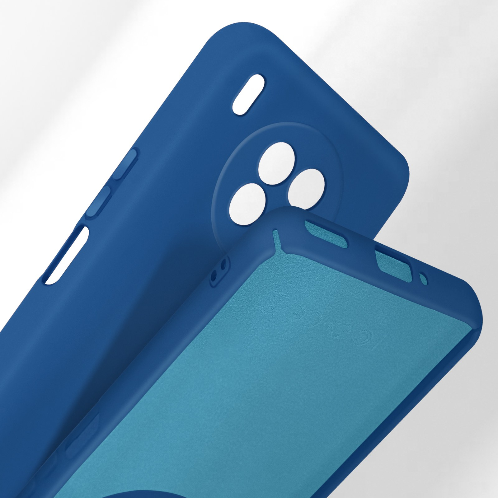 Twee blauwe telefoonhoesjes overlappen elkaar, één met drie ronde cameralenzen.