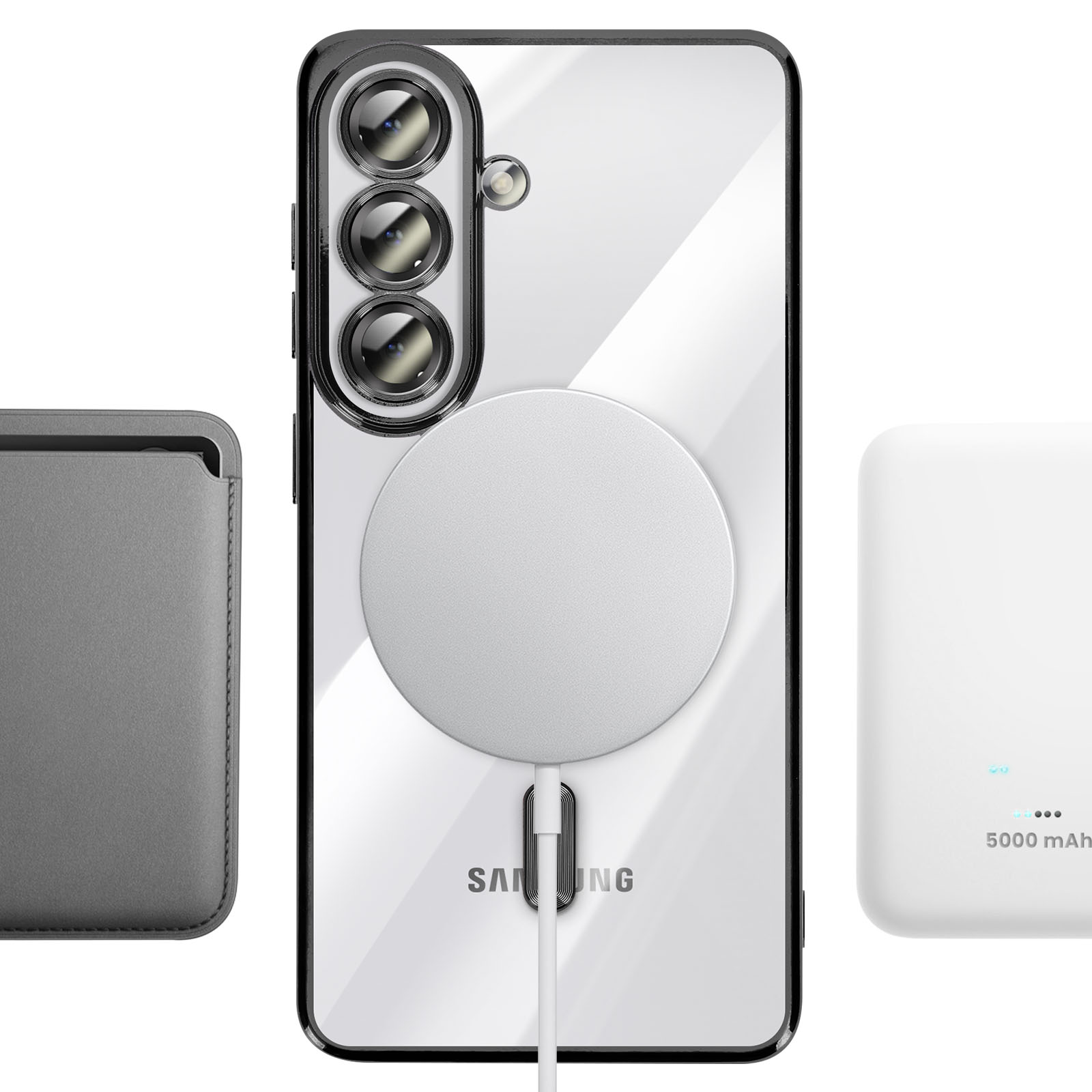 Un téléphone argenté à trois caméras relié à un chargeur blanc, à côté d'un étui gris et d'une batterie externe blanche.