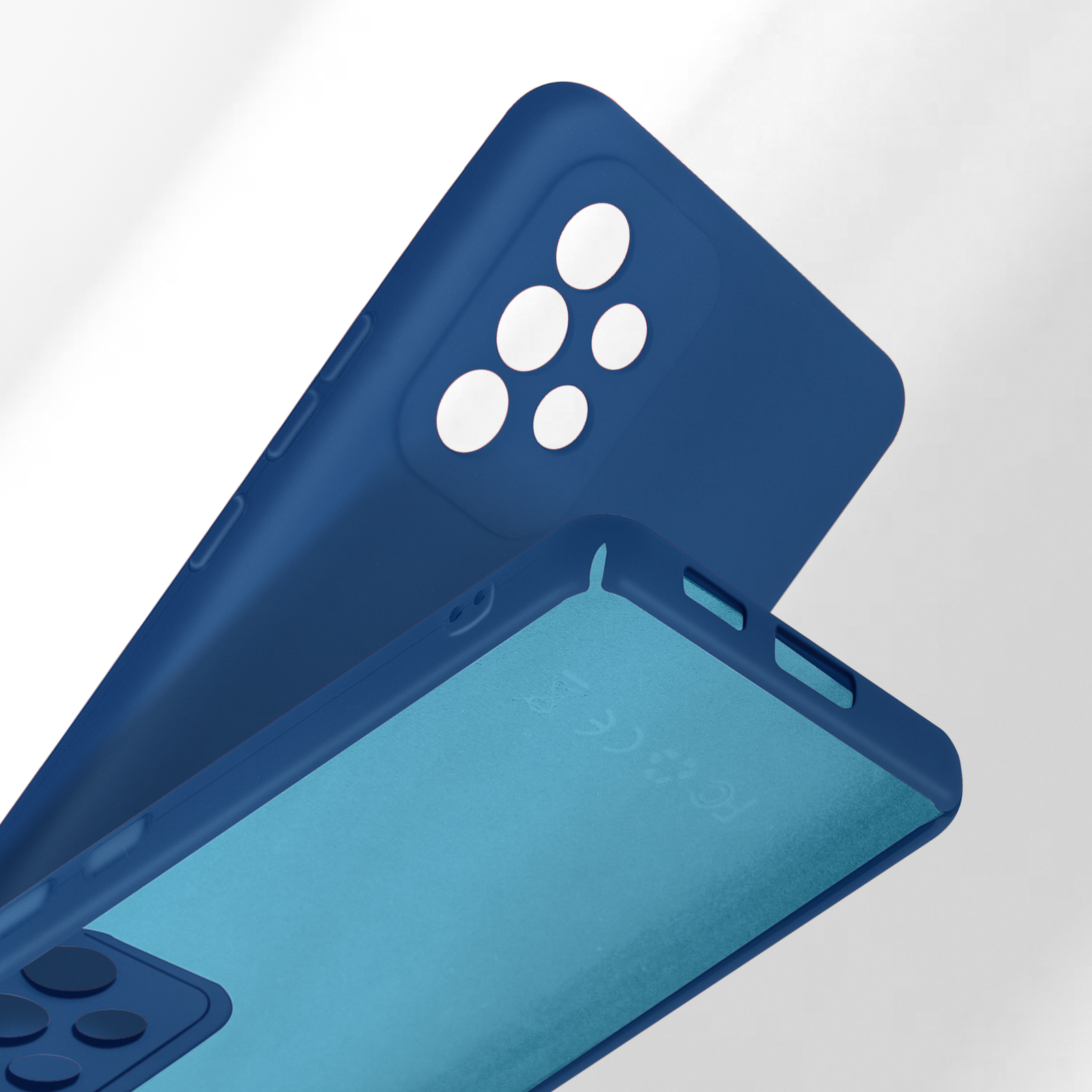 Coque de téléphone bleu foncé avec découpes pour appareil photo et doublure turquoise.