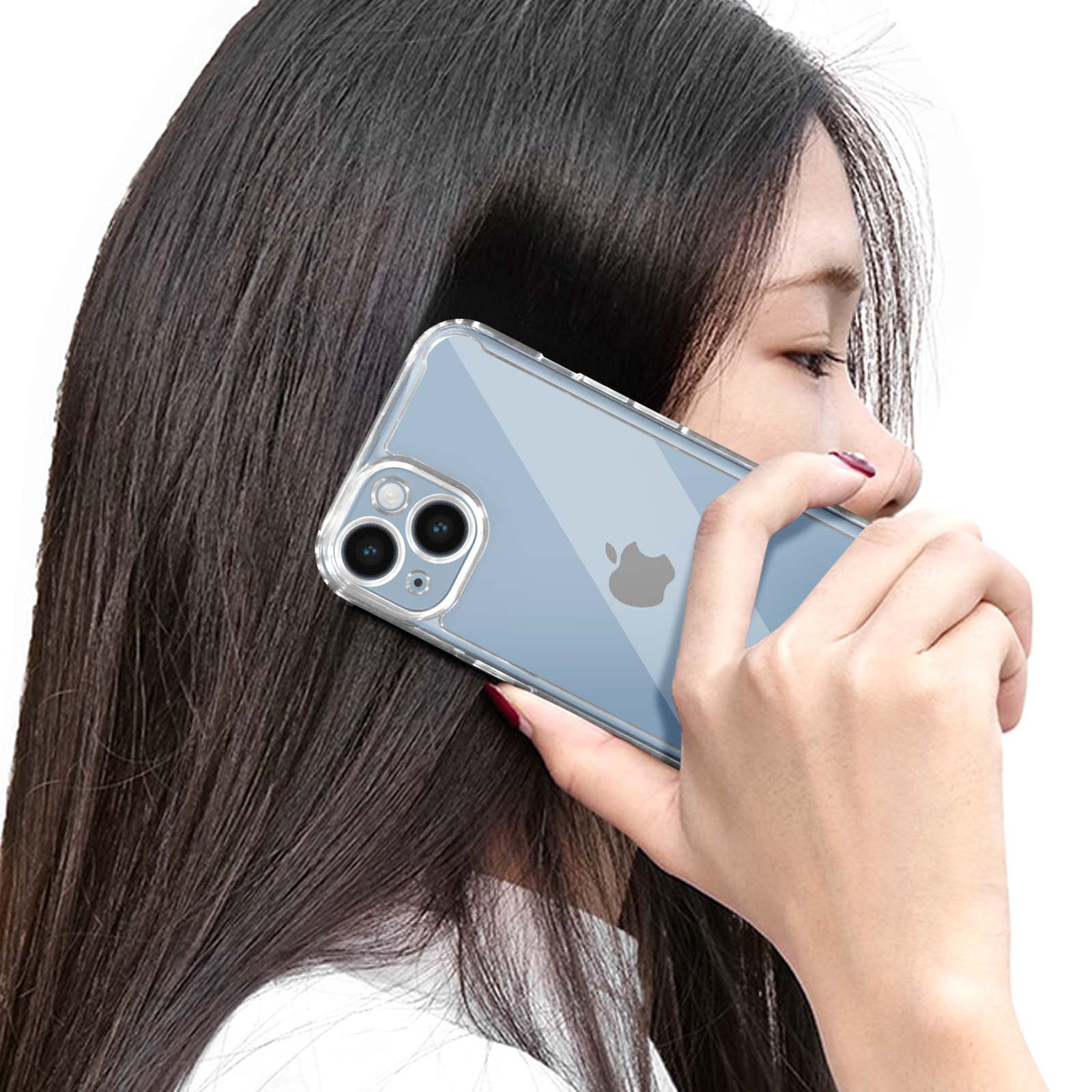 Una persona con lunghi capelli scuri tiene un telefono trasparente con due fotocamere.