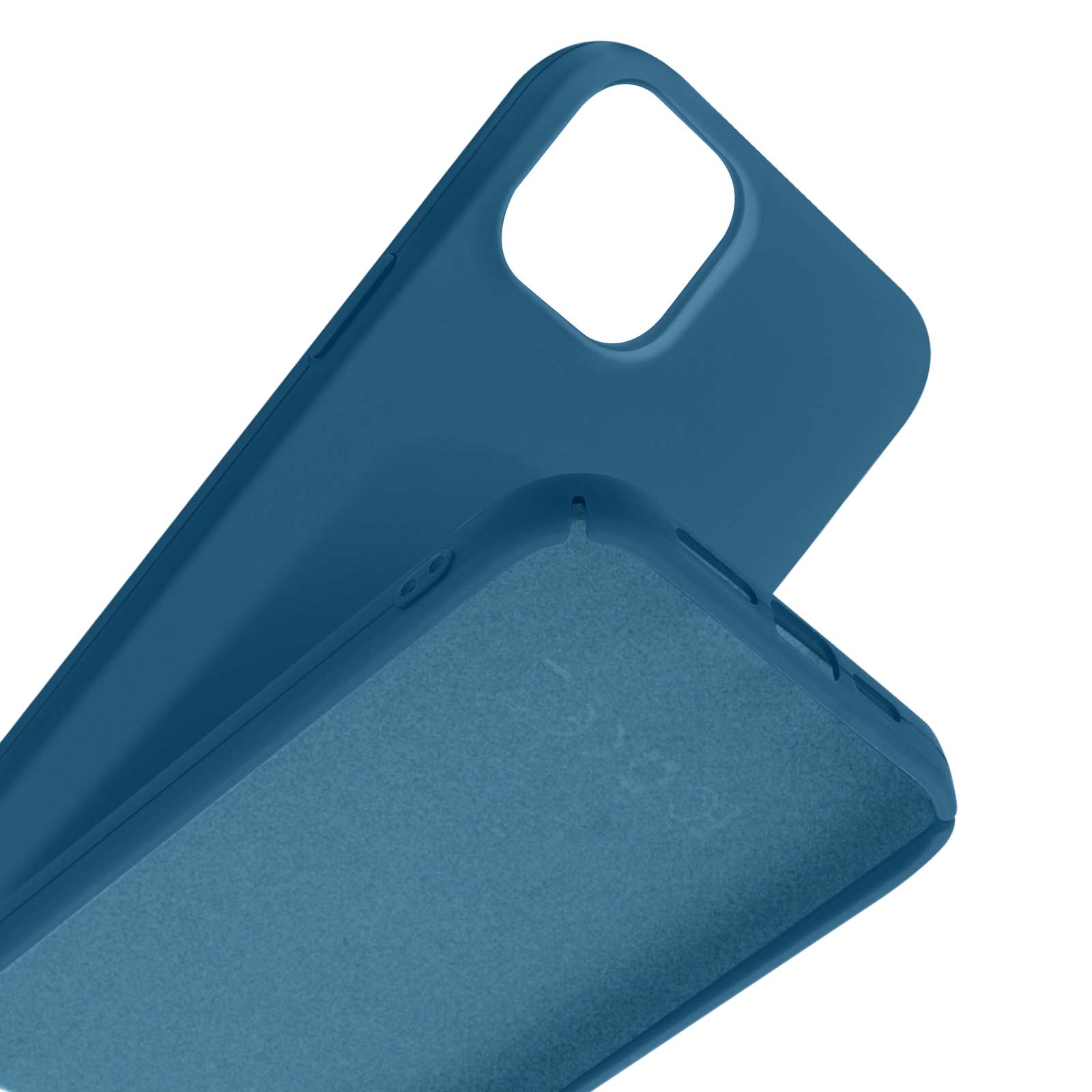 Twee marineblauwe telefoonhoesjes naast elkaar, met uitsparingen voor camera en knoppen.