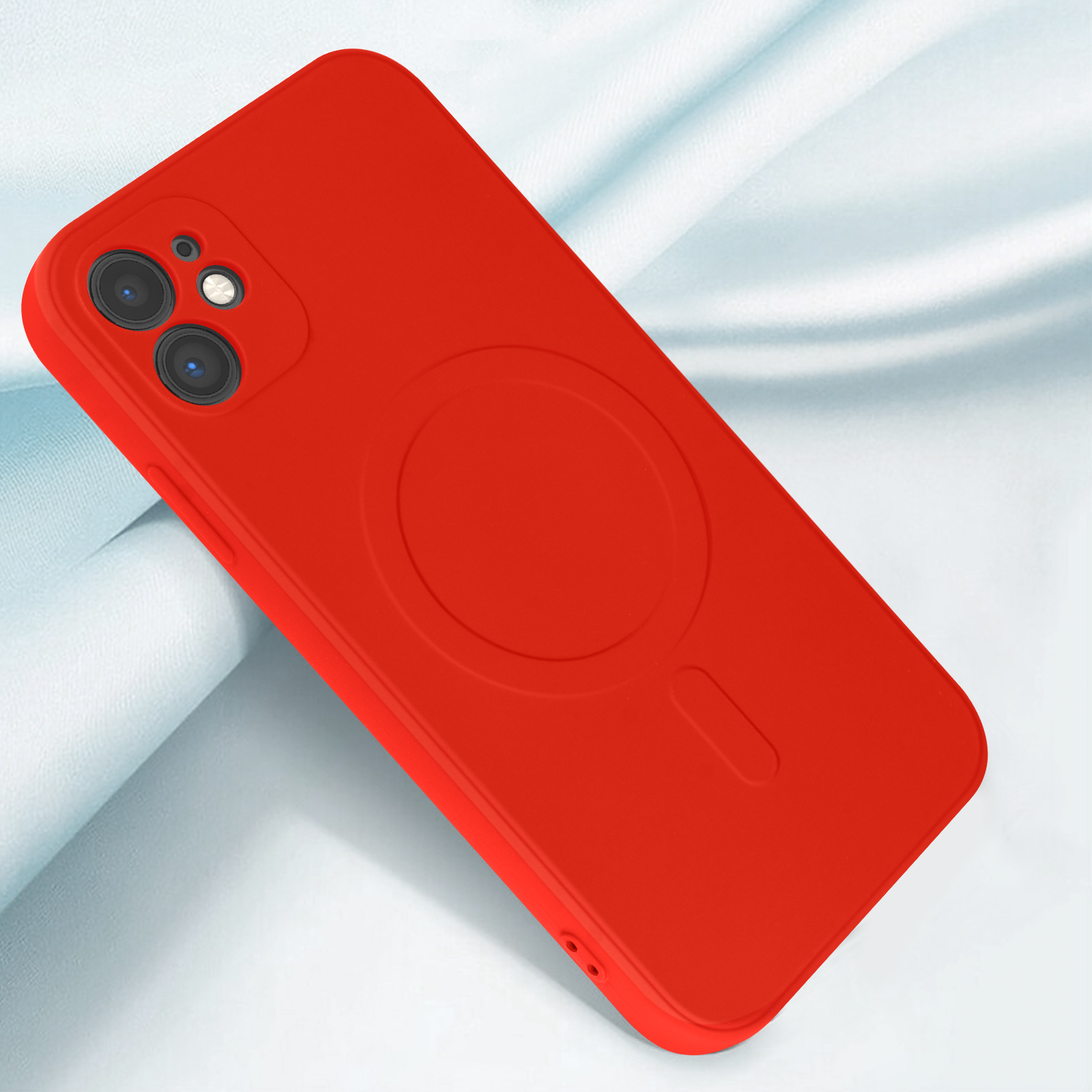 Eine rote Handyhülle mit Kameras und einem Kreis für MagSafe.