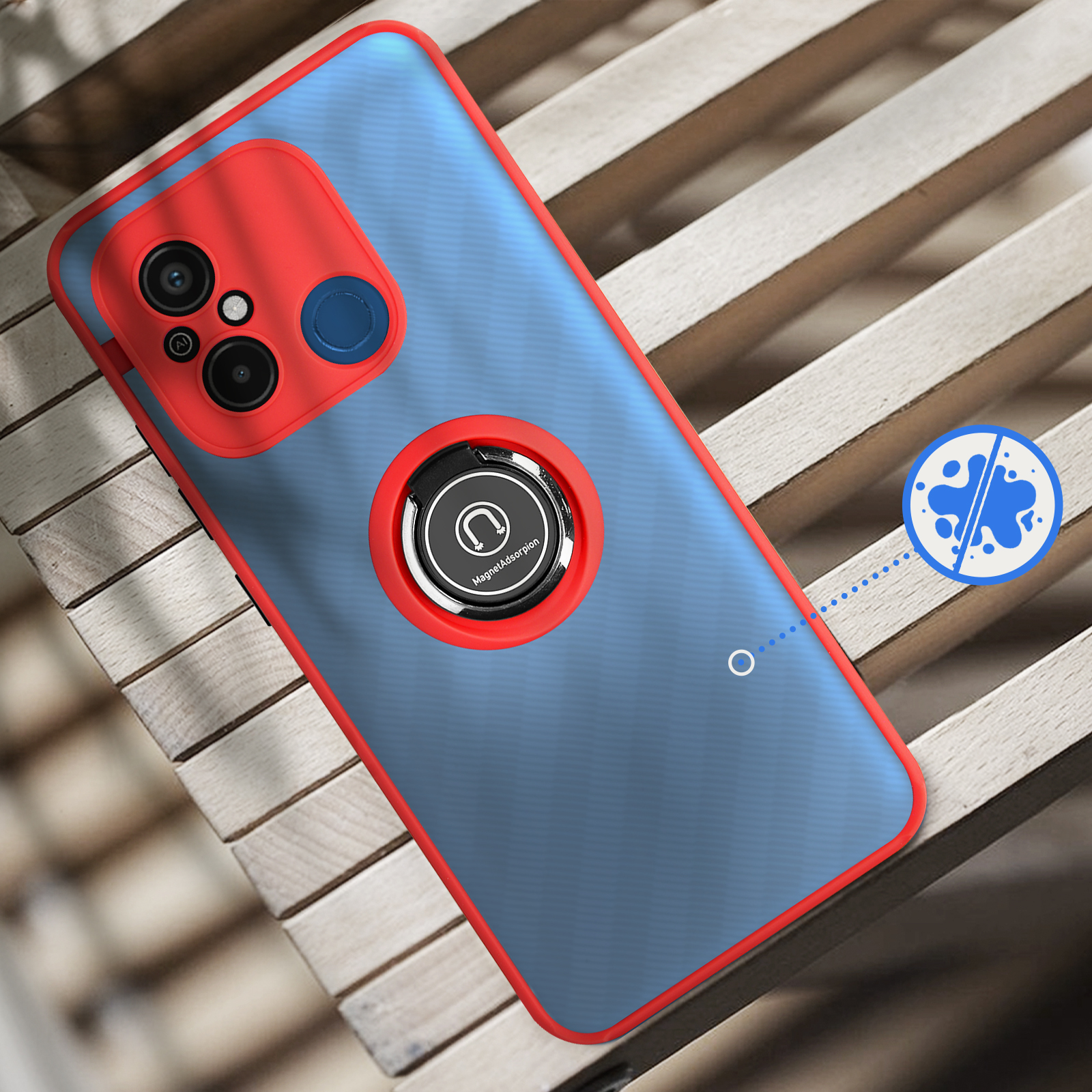 Custodia blu per telefono con cornice rossa e anello portadita su legno.