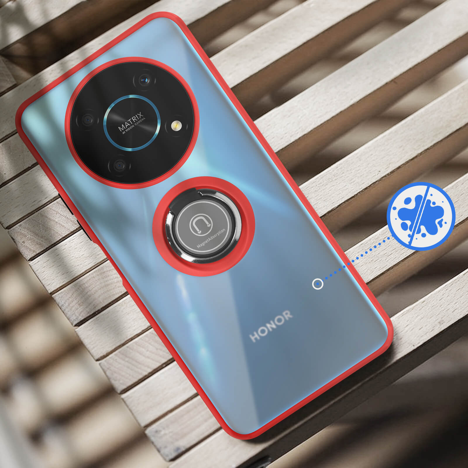 Un téléphone bleu avec bordure rouge, anneau magnétique et appareil photo sur bois.