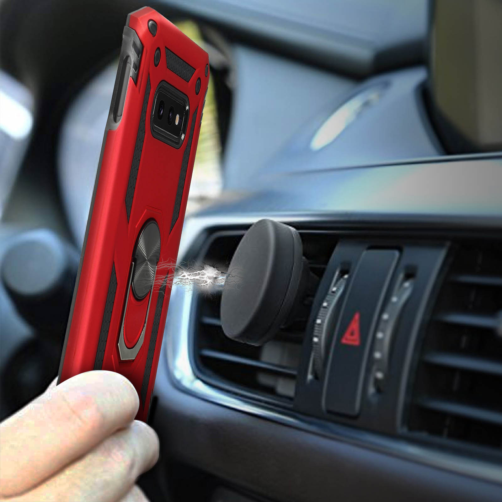 Coque de téléphone rouge avec support magnétique tenue à la grille d'aération.