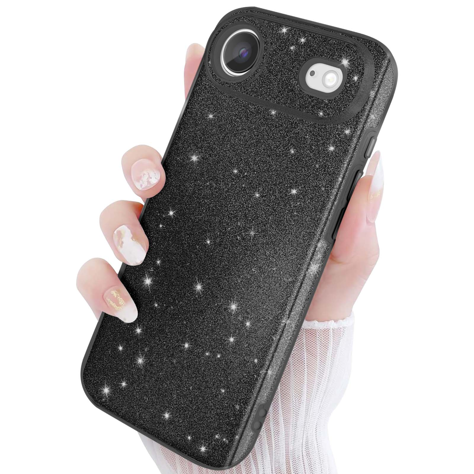 Une main tenant une coque de téléphone noire pailletée.