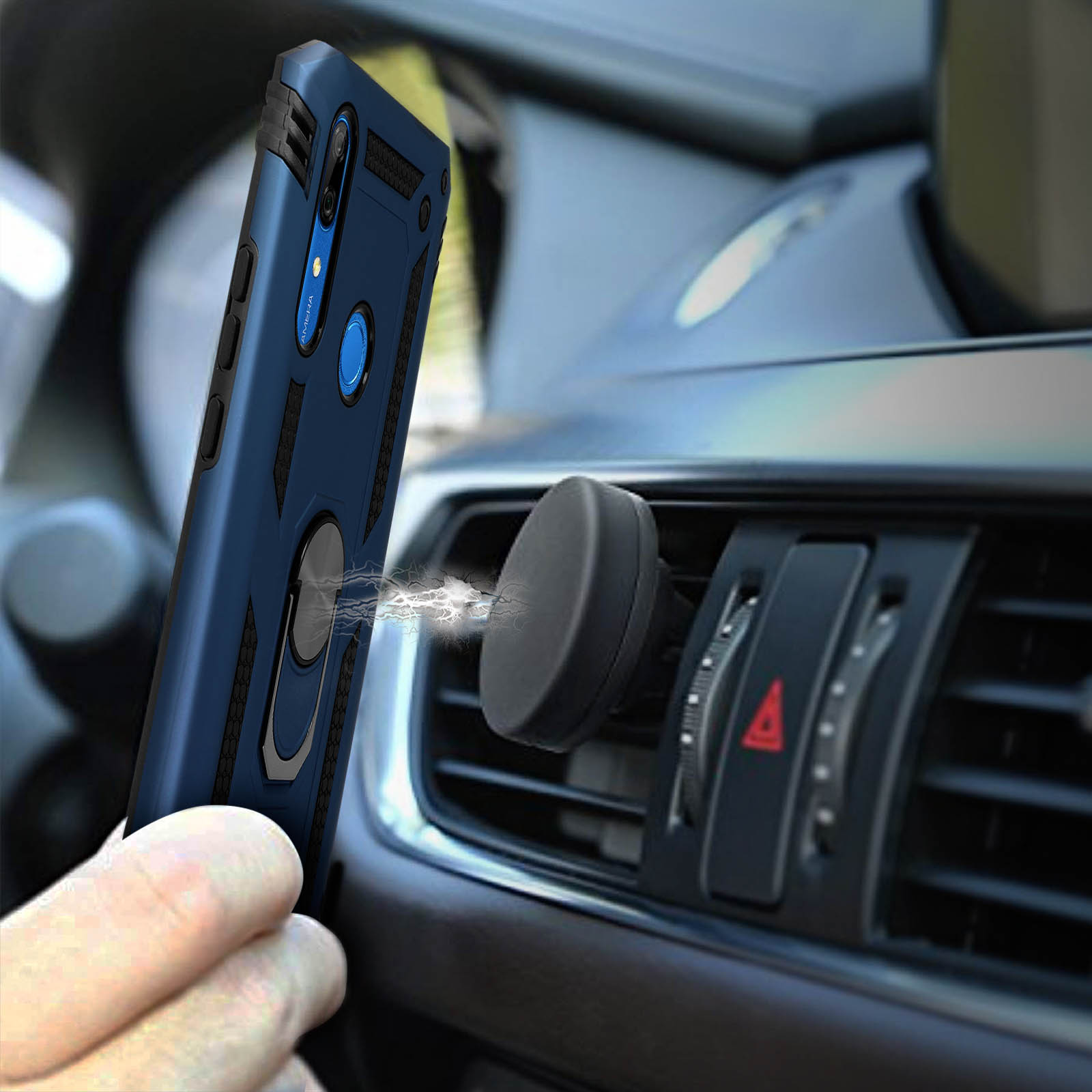Een blauwe telefoonhoes met ringhouder is bevestigd aan een auto-ventilatiehouder.