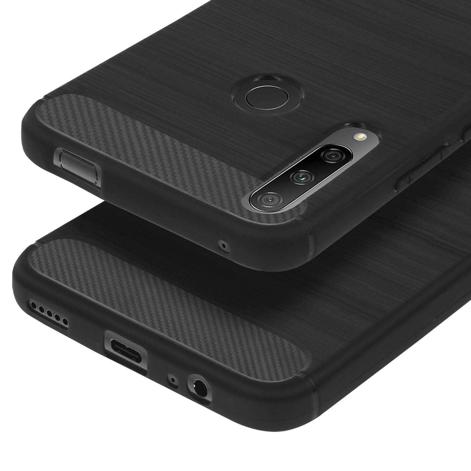 Zwarte telefoonhoes met geborstelde textuur en carbon accenten.