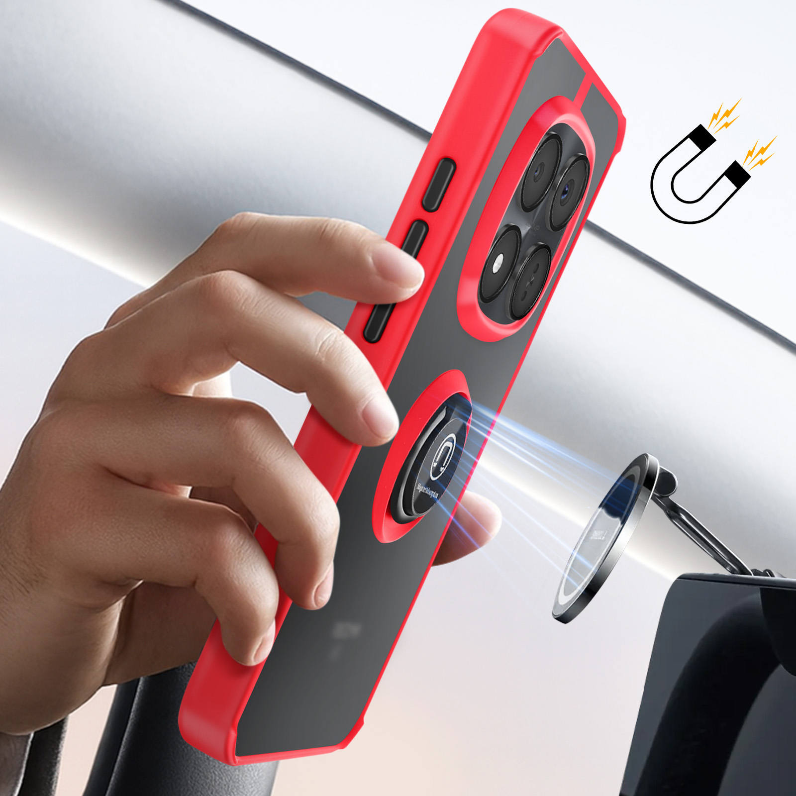 Rode telefoonhoes met magneet bevestigd aan autohouder.