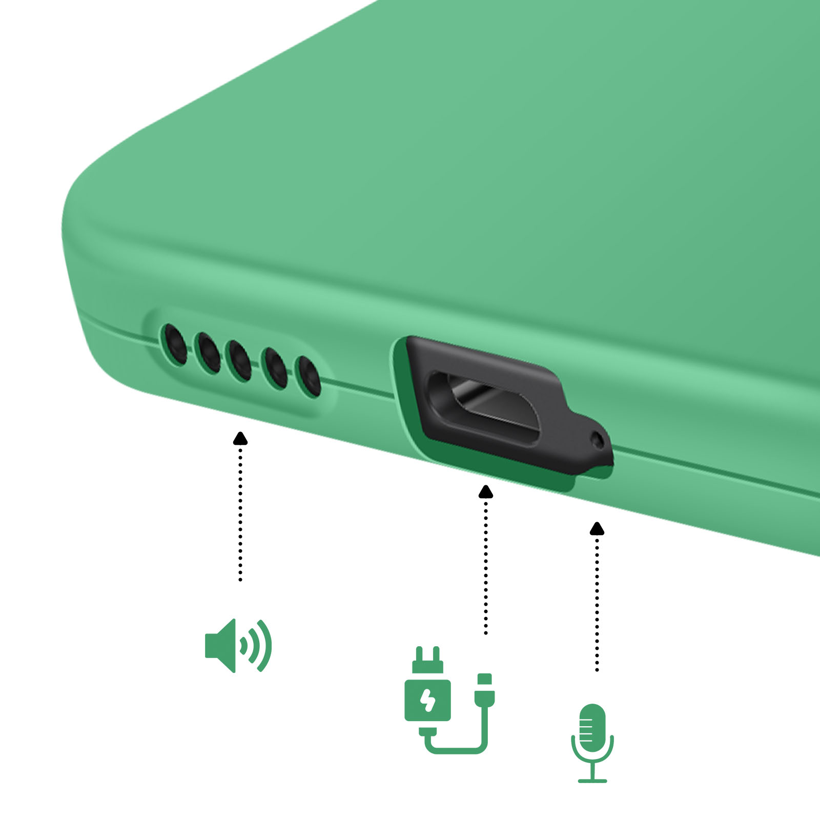 Étui de téléphone vert avec port de chargement, haut-parleur et micro.