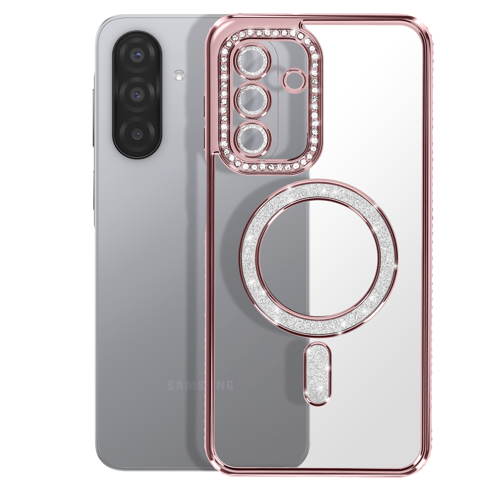 Un smartphone argenté avec un étui rose doré incrusté de cristaux.