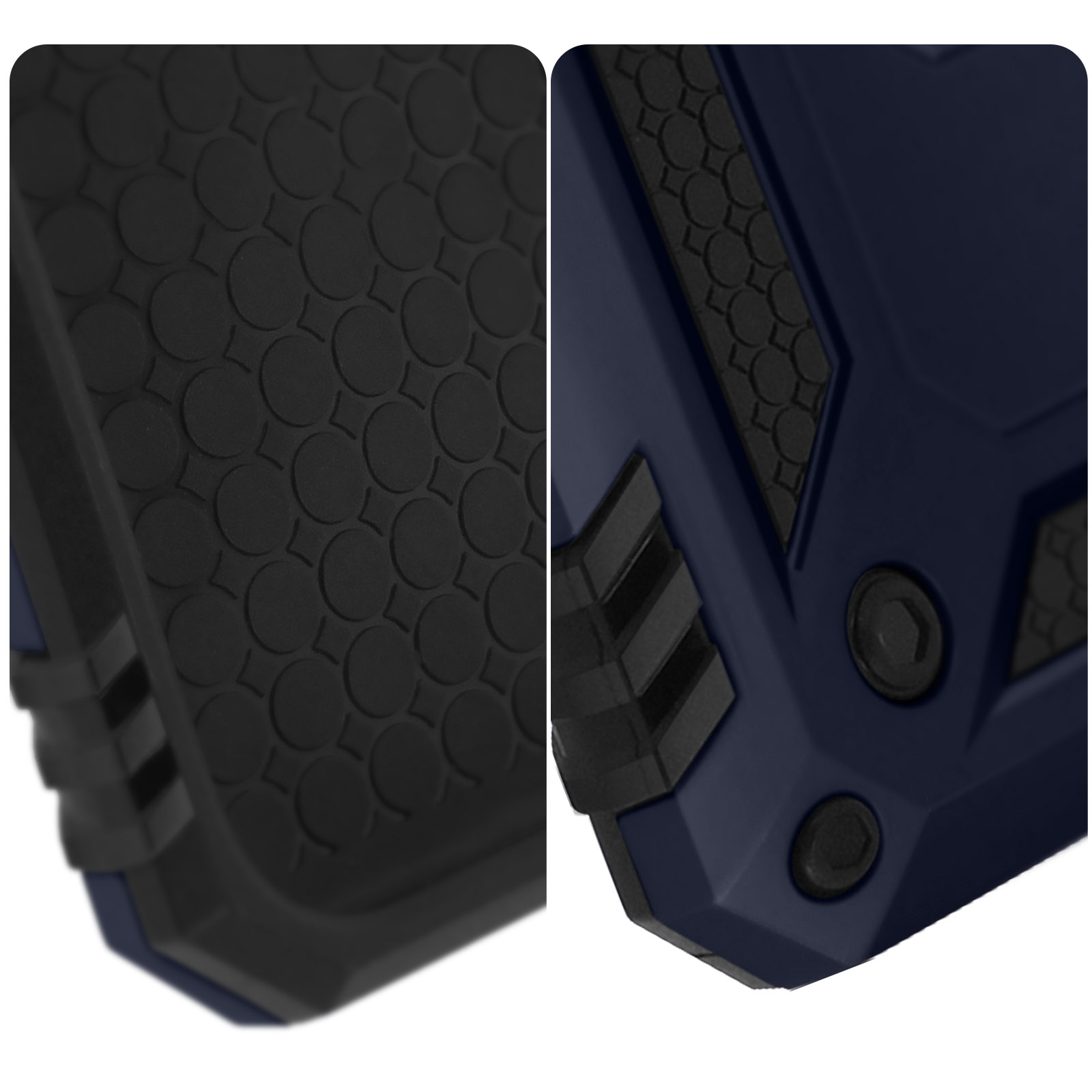Gros plan d'une coque de téléphone bleu foncé avec des détails de grip texturés noirs.