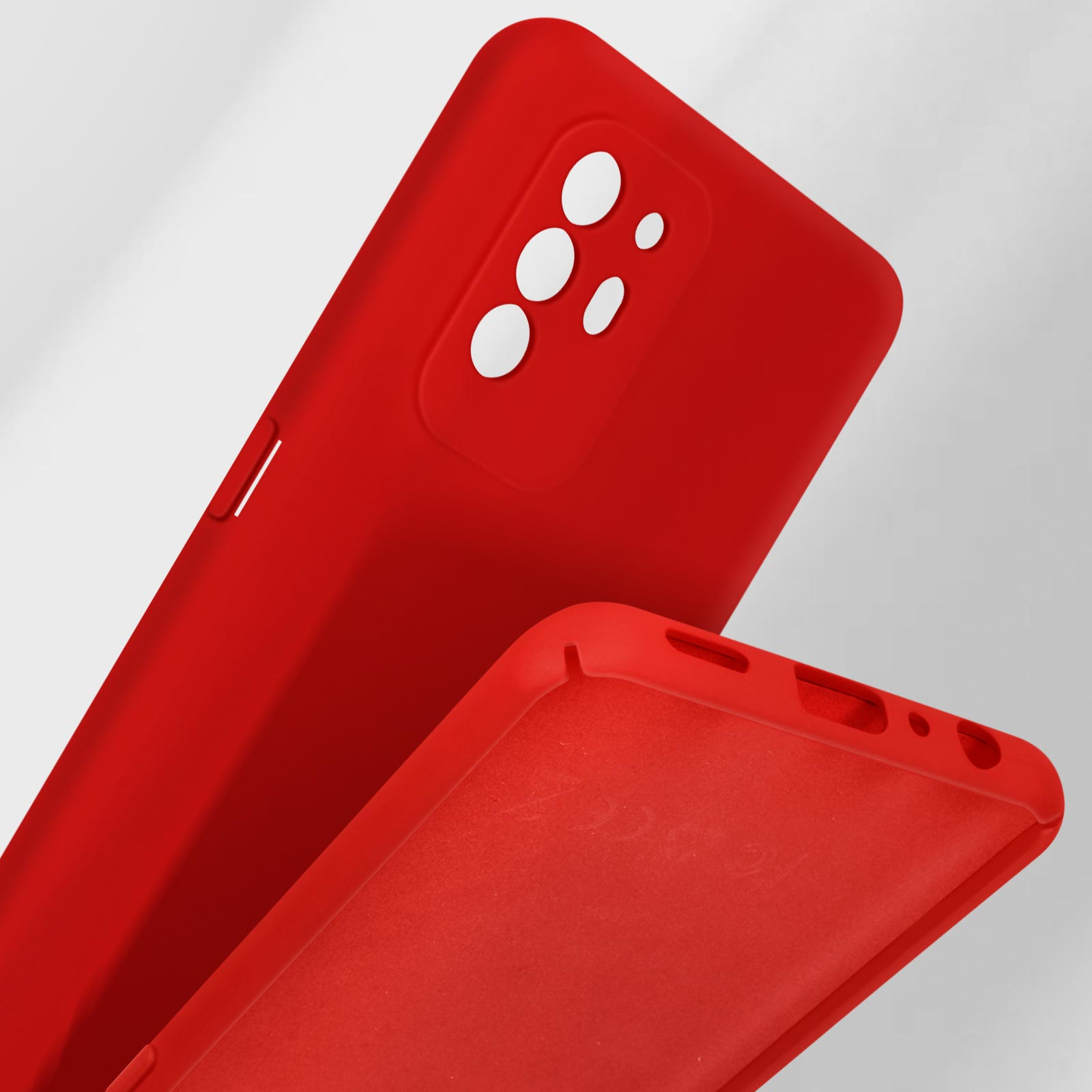 Deux coques de téléphone rouges, l'une à plat, l'autre debout.