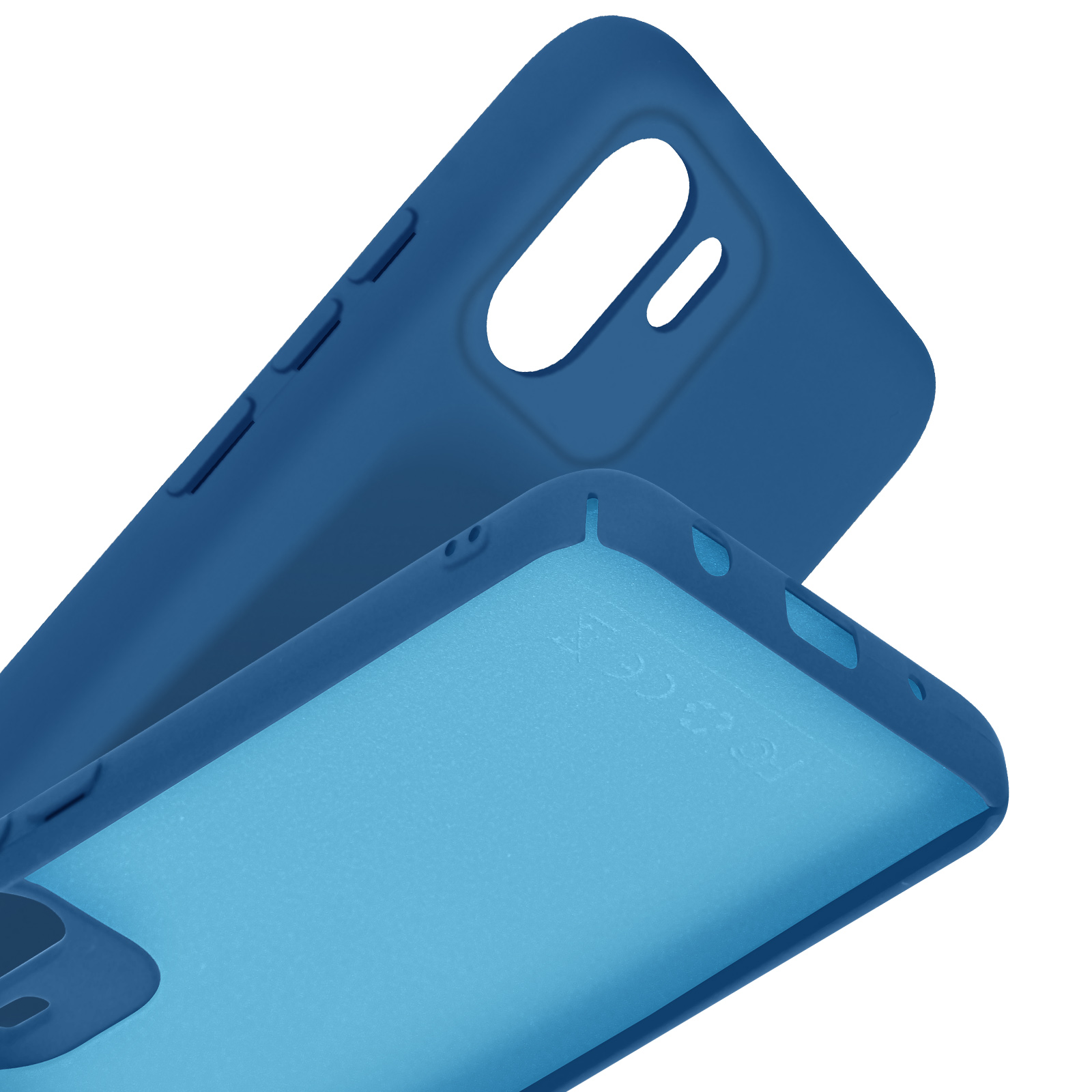 Twee blauwe telefoonhoesjes op elkaar gestapeld op witte achtergrond.