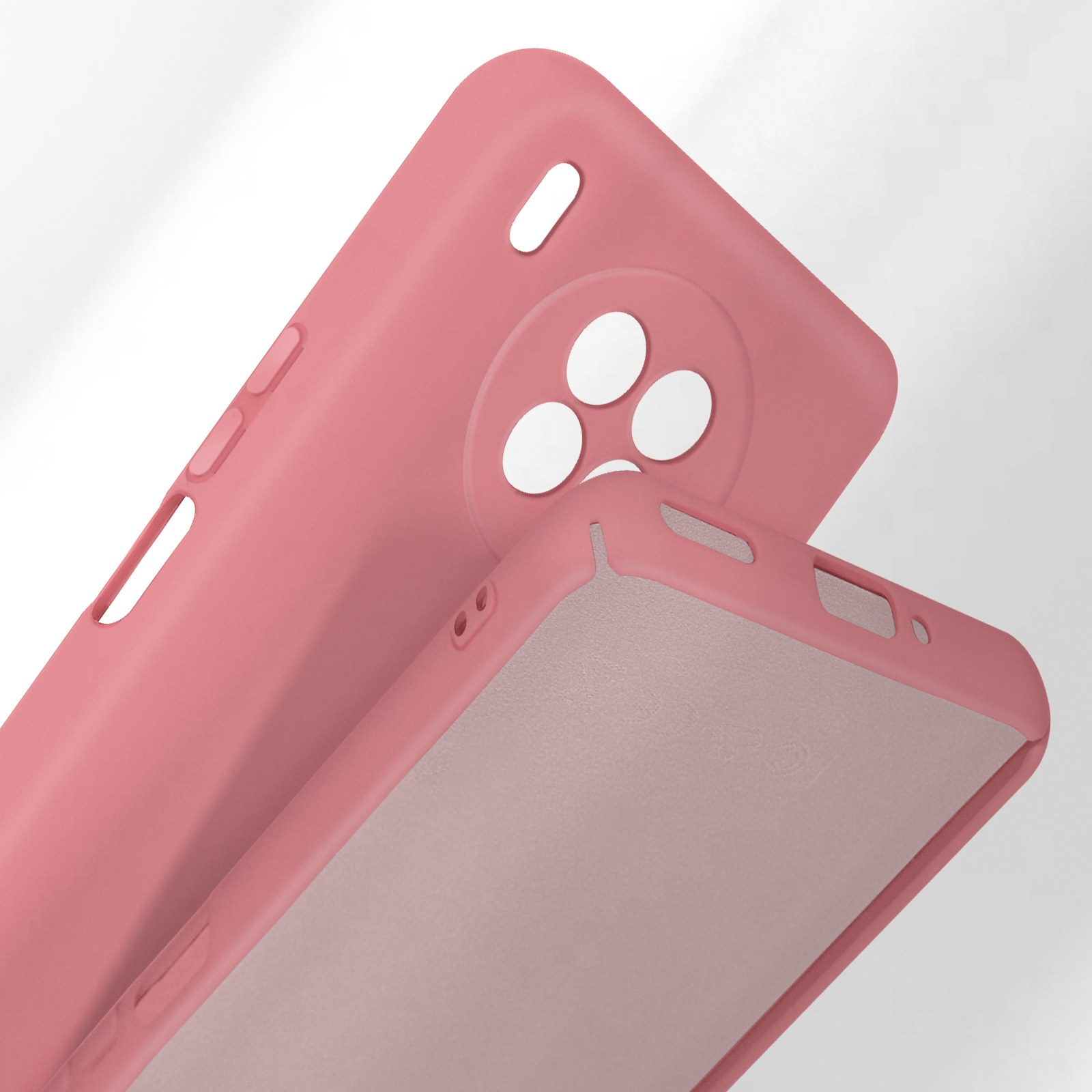 Twee roze telefoonhoesjes op elkaar. Eén heeft ronde uitsparingen.
