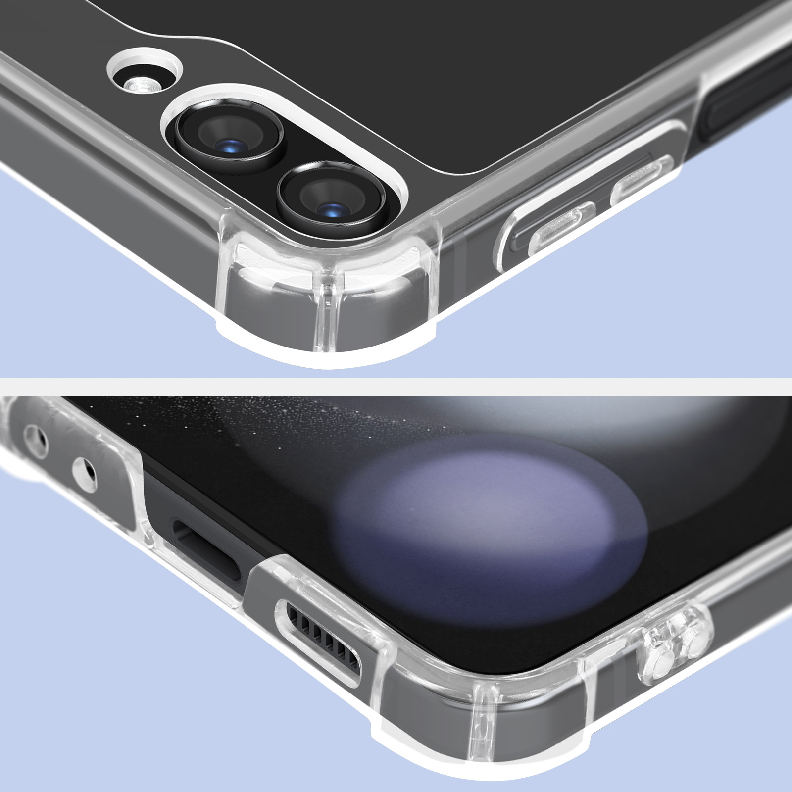 Coque de téléphone transparente montrant des objectifs de caméra et des boutons sur fond bleu clair.