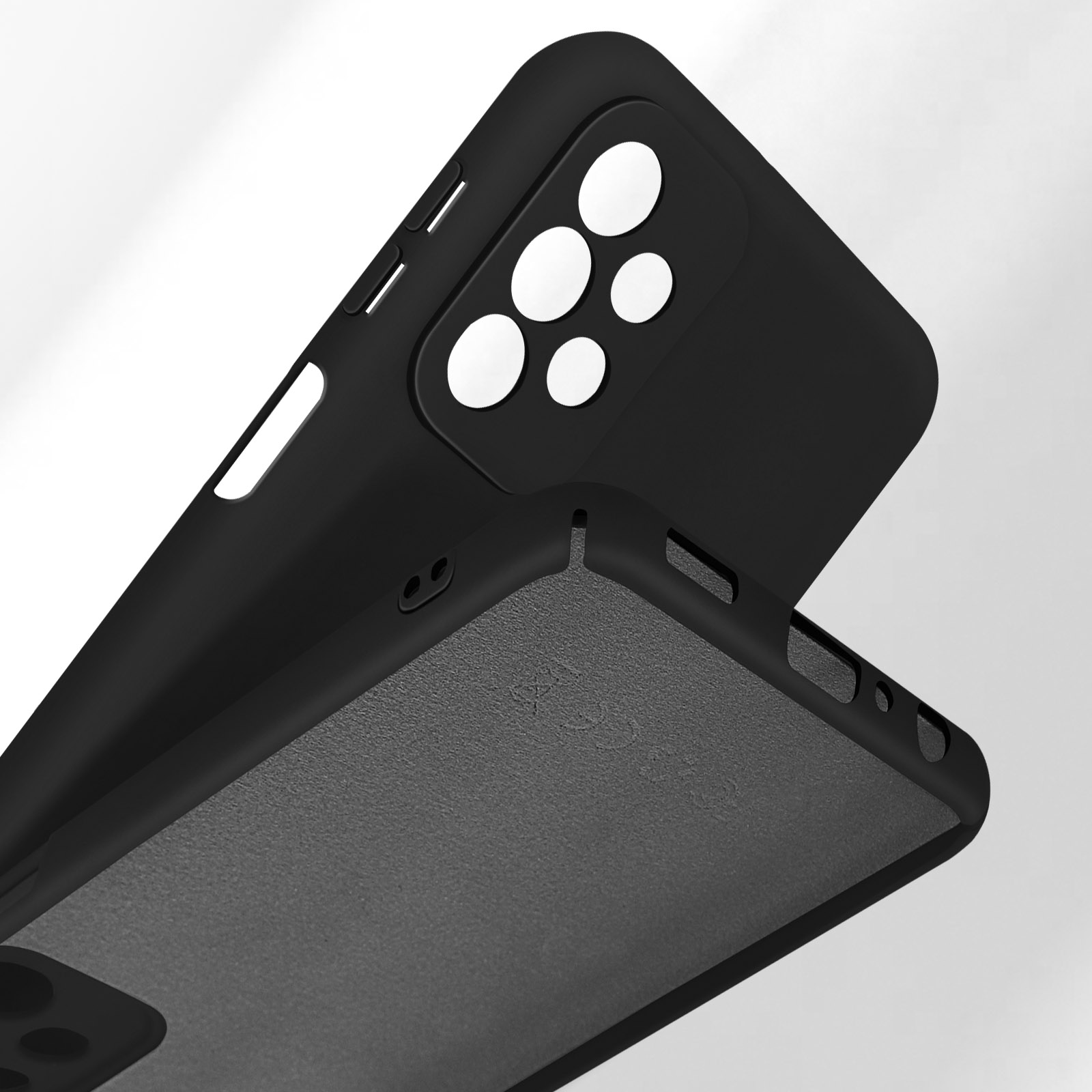 Custodia nera per telefono con ritagli per fotocamere e pulsanti.