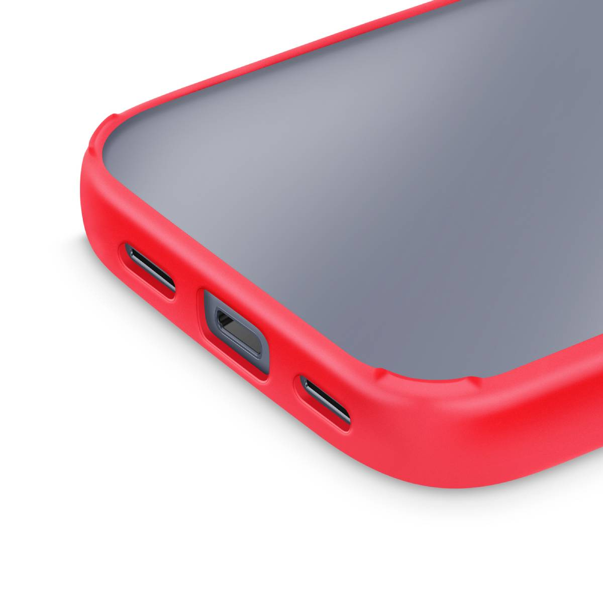 Détail de coque de téléphone rouge, montrant les ports et une zone d'écran translucide.