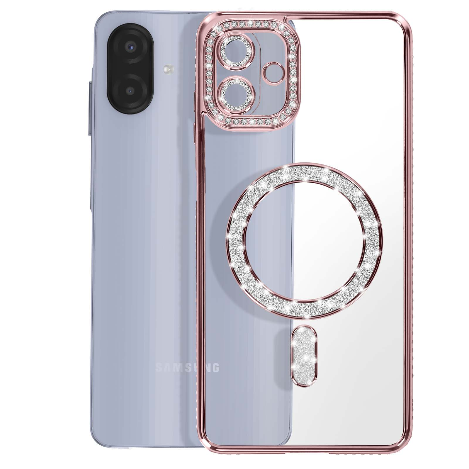 Un telefono Samsung viola chiaro con custodia oro rosa impreziosita da cristalli.