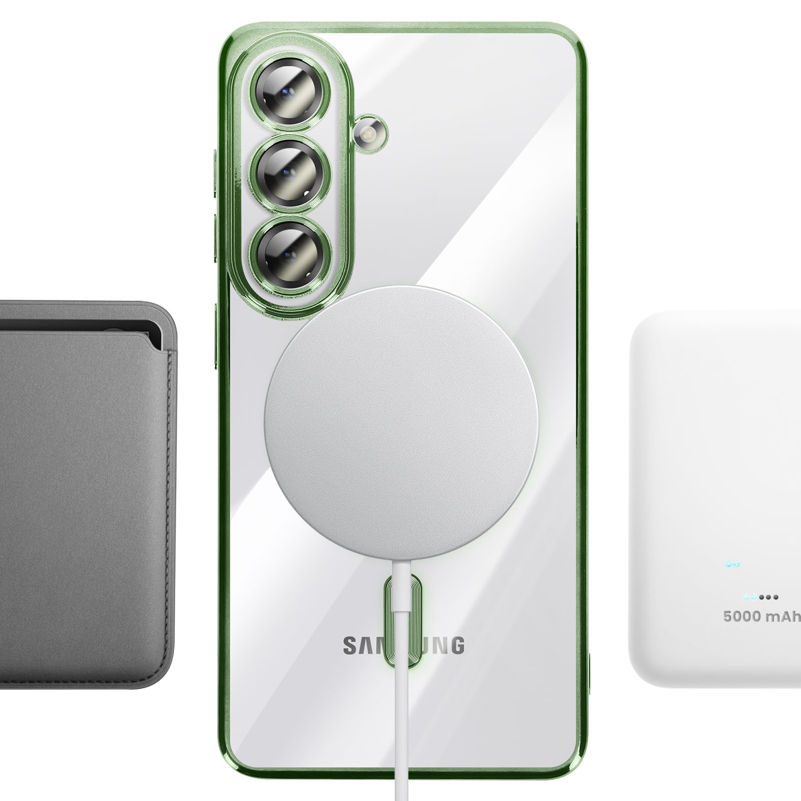 Coque de téléphone verte avec trois caméras, chargeur MagSafe et batterie.