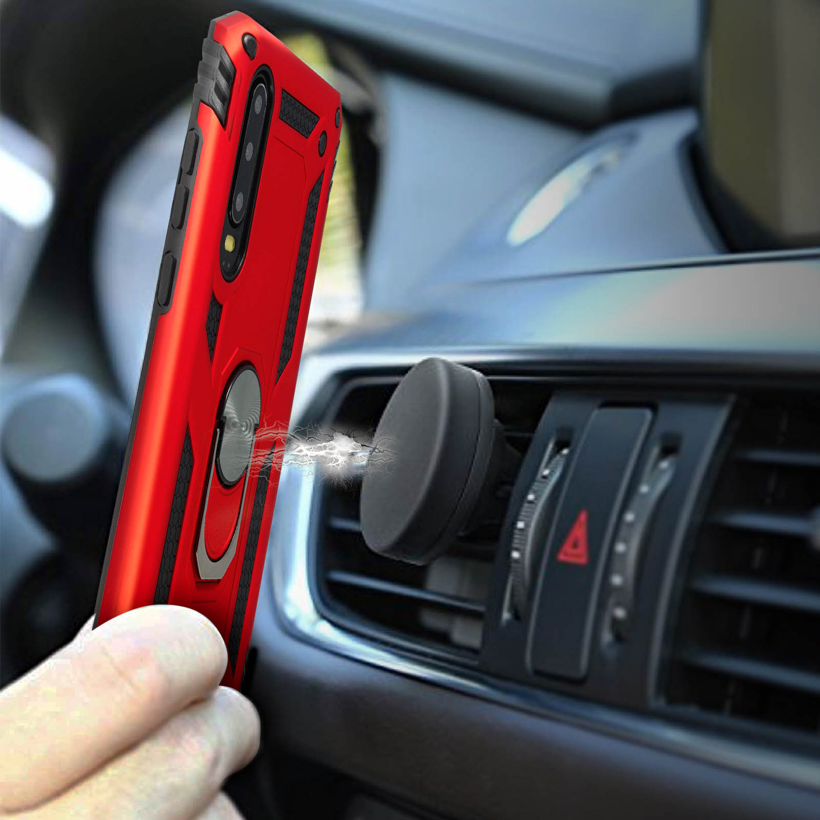 Rode telefoonhoes met ringhouder bevestigt aan magnetische autohouder.