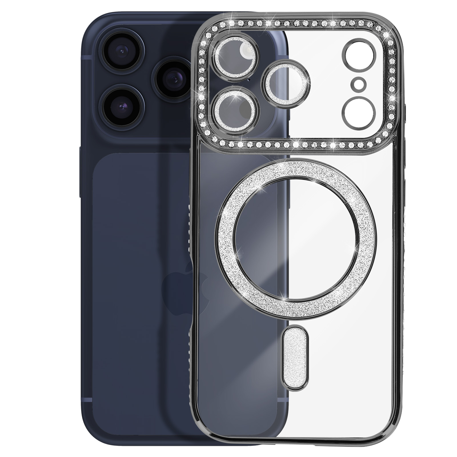Un iPhone bleu foncé avec un étui de protection transparent et scintillant.