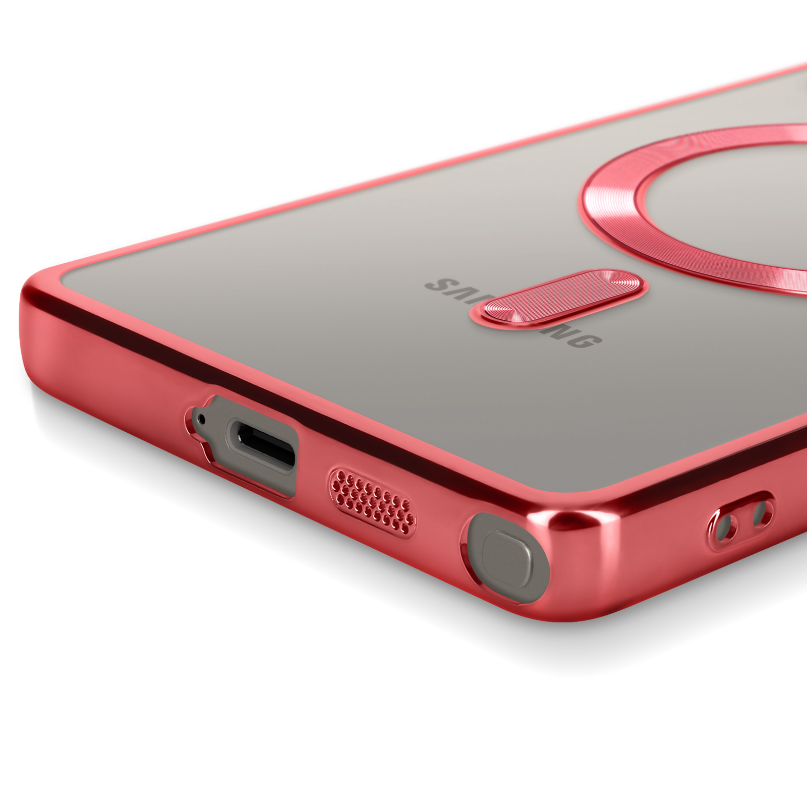 Una cover rossa per telefono con retro trasparente, porta USB-C e griglia altoparlante.