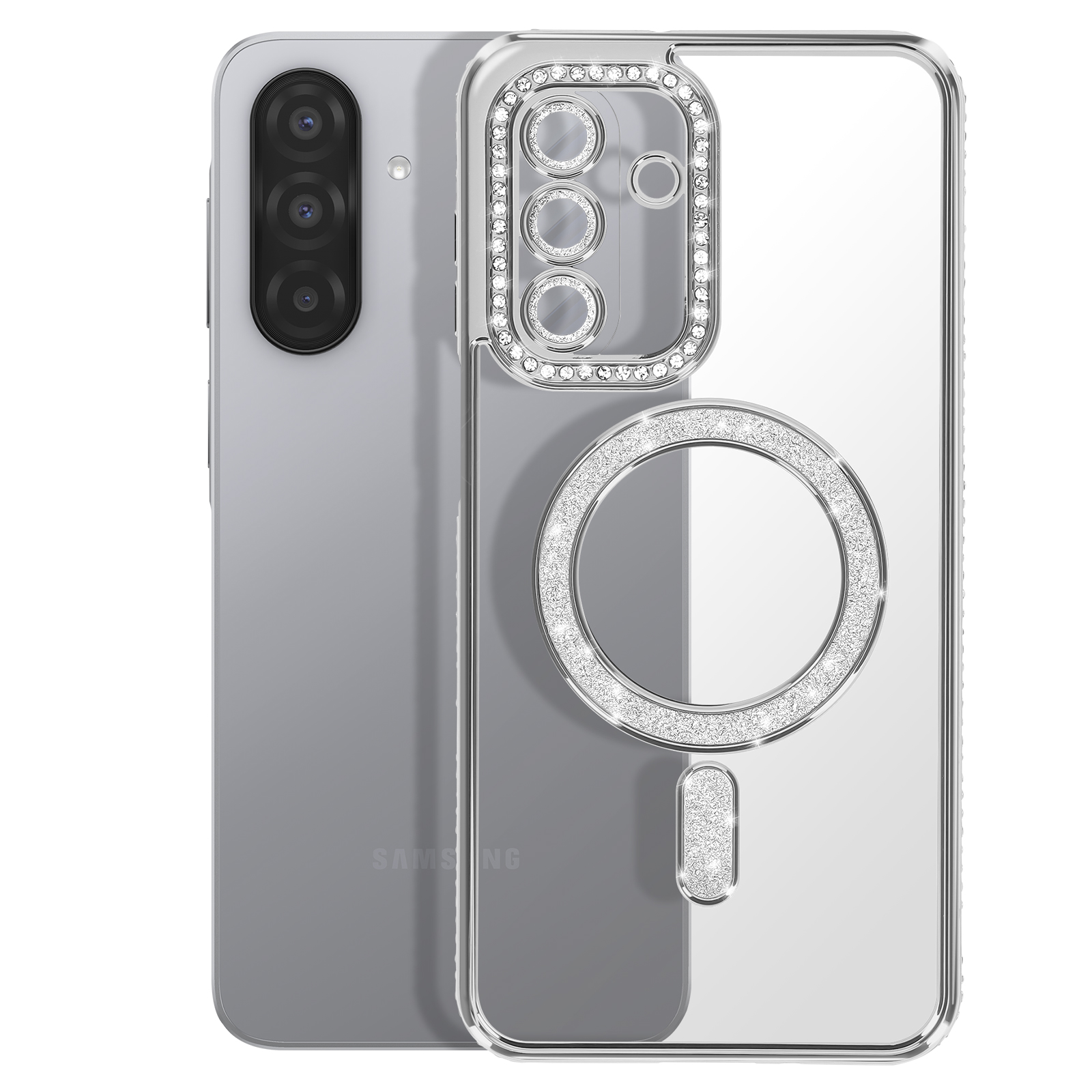 Une coque de téléphone transparente avec des paillettes autour des caméras et un anneau.