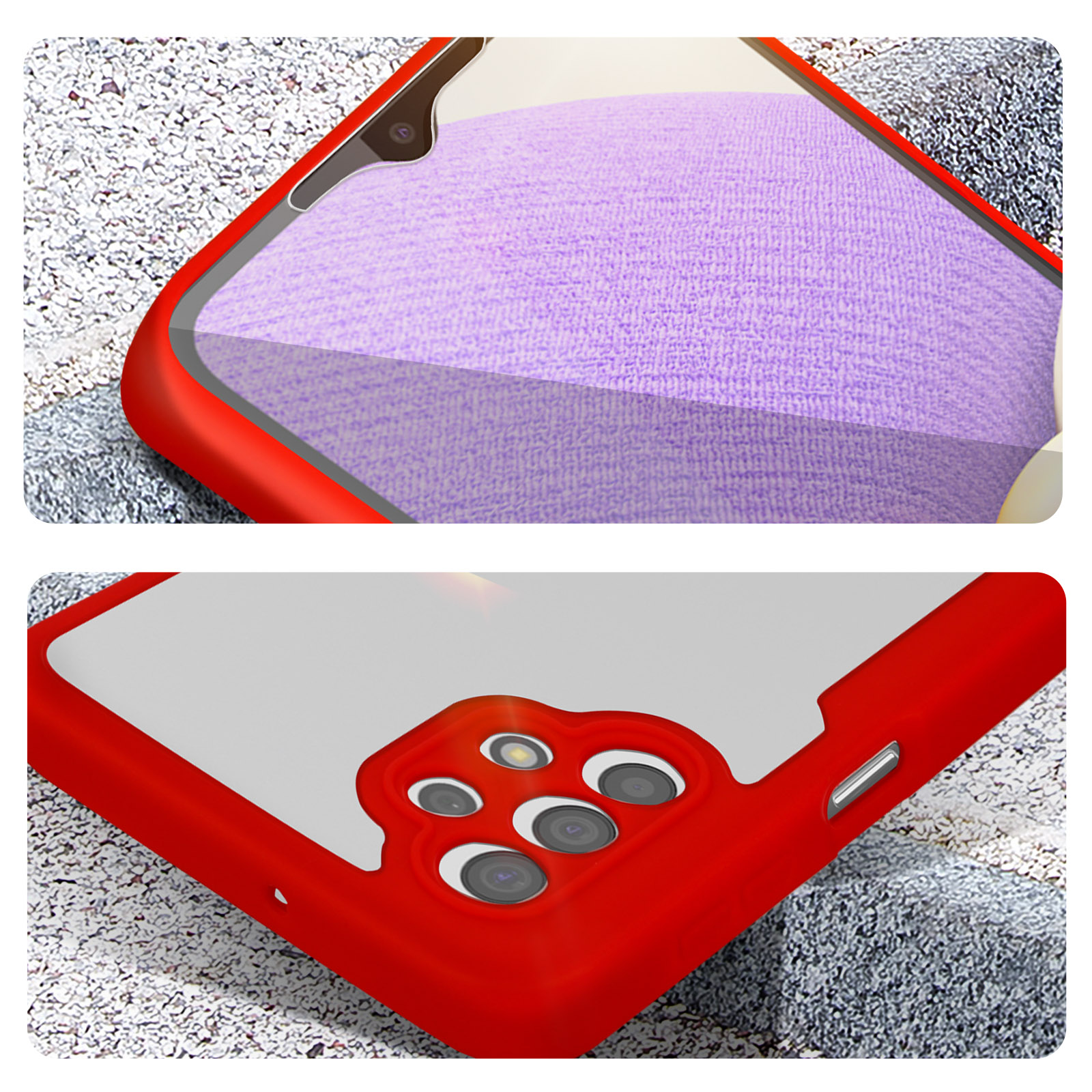 Cover rossa per telefono con quattro fotocamere su sfondo viola.