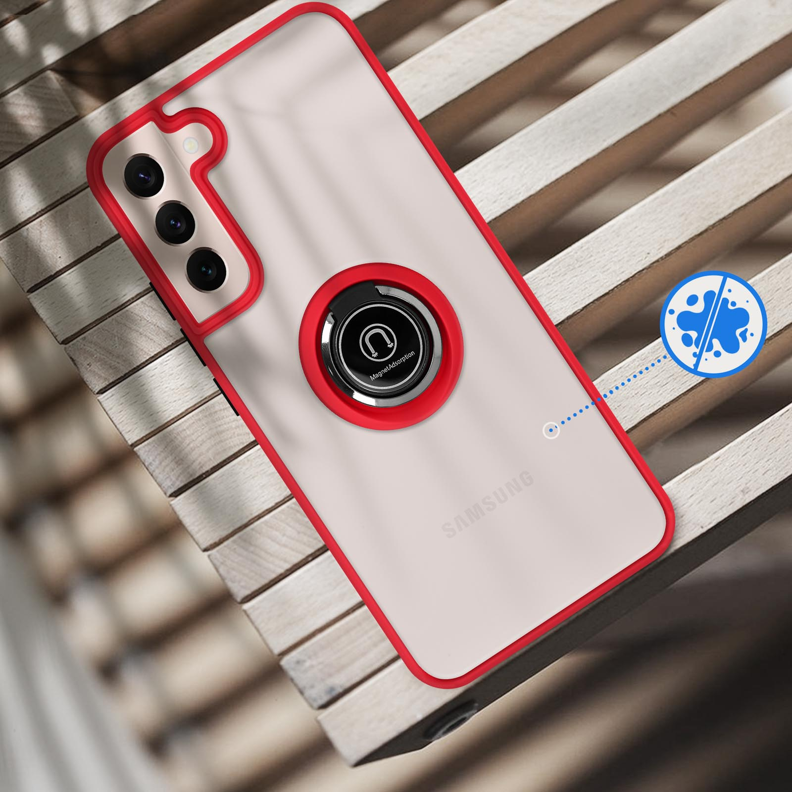 Une coque de téléphone à bord rouge avec support annulaire magnétique sur bois.