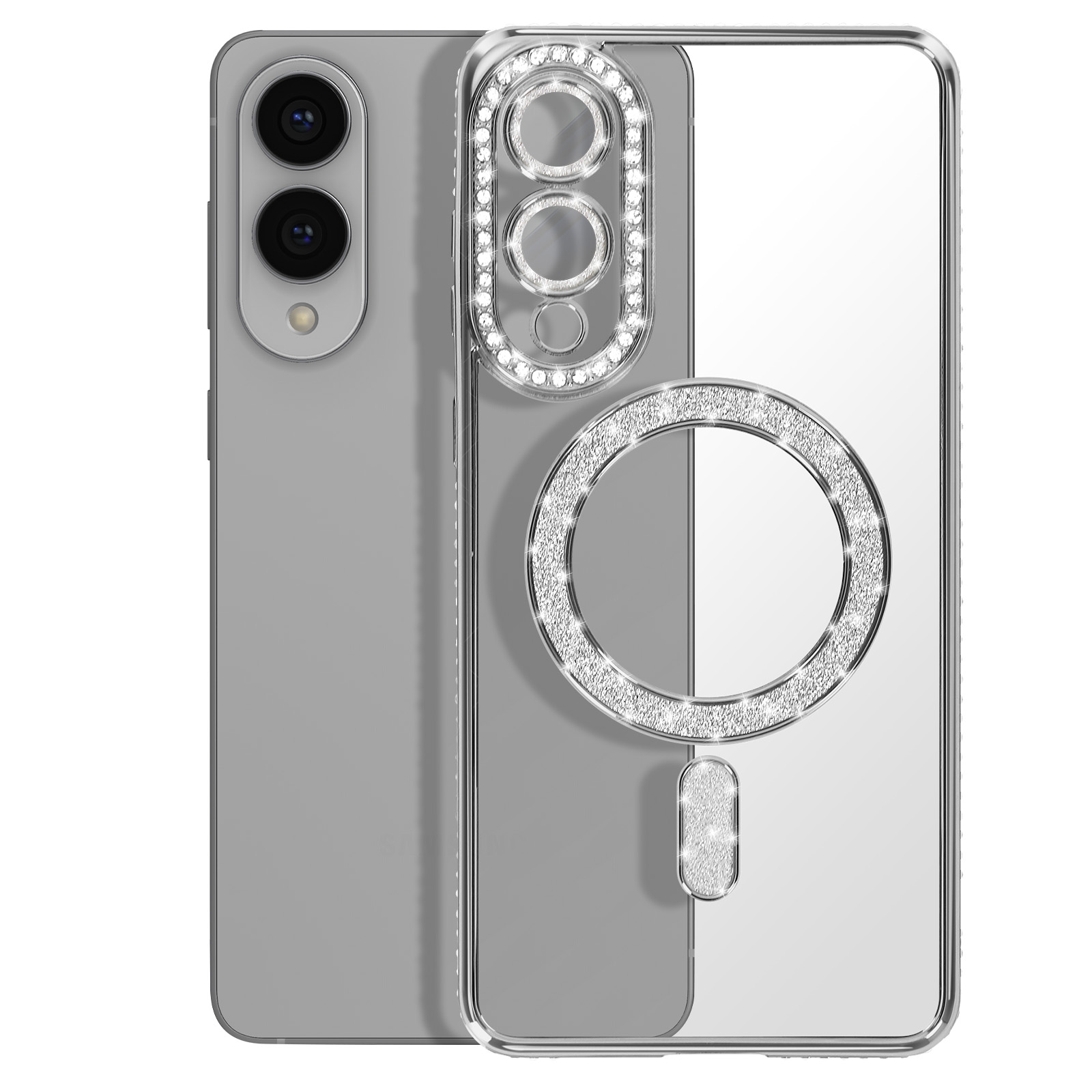 Una custodia trasparente per telefono con bordo fotocamera scintillante e supporto ad anello.