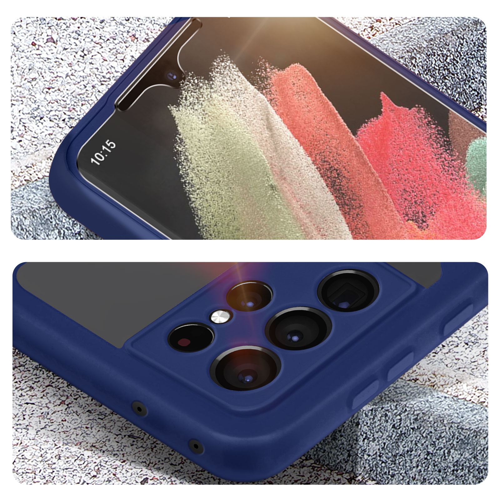 Custodia blu scuro per telefono che mostra obiettivi della fotocamera e parte dello schermo.
