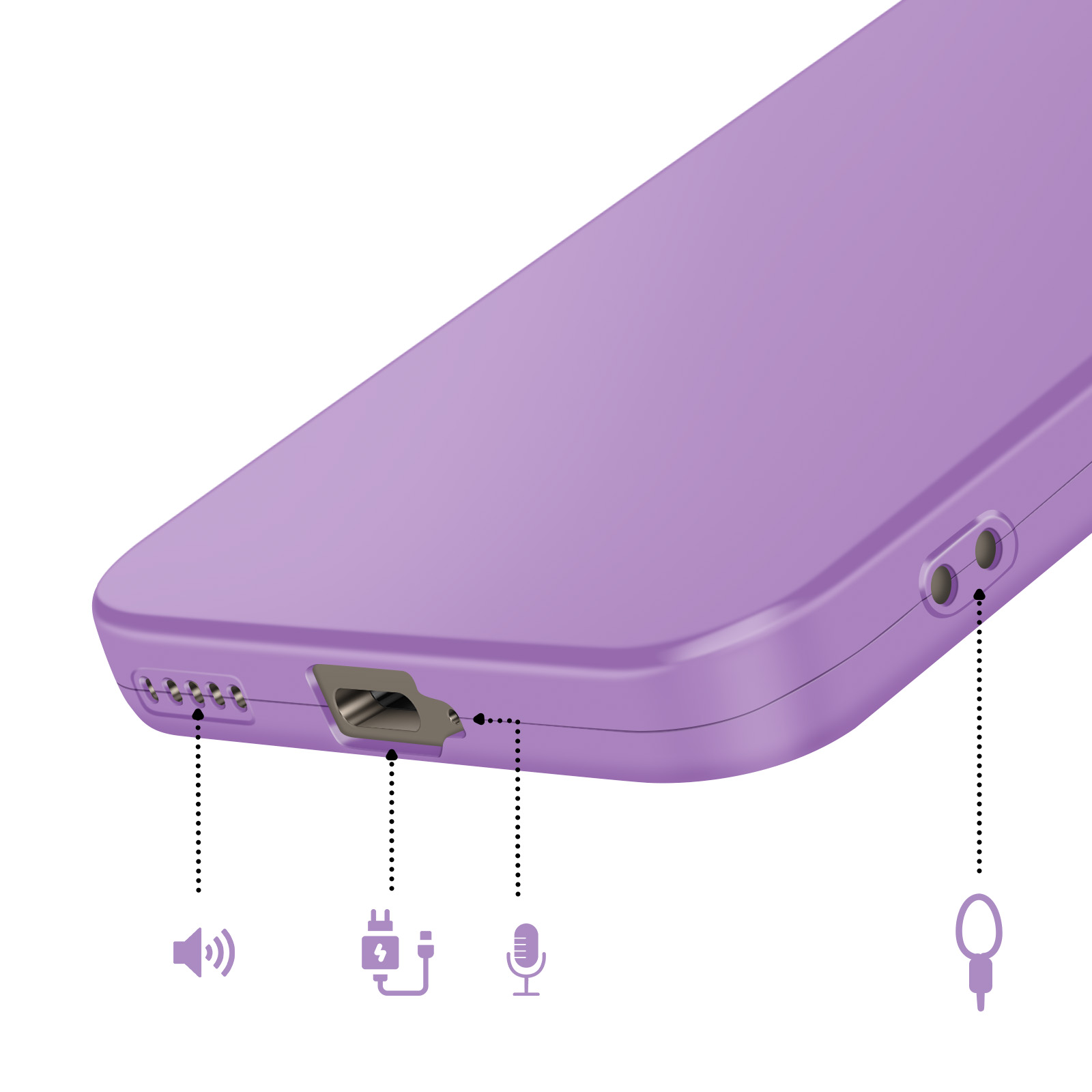 Paarse telefoonhoes met poorten en iconen voor luidspreker, opladen en microfoon.