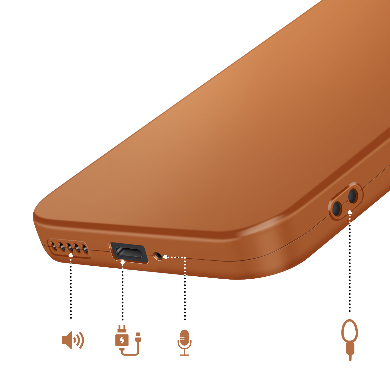 Vue latérale du téléphone marron : haut-parleur, USB-C, micro, prise casque, trou pour lanière.