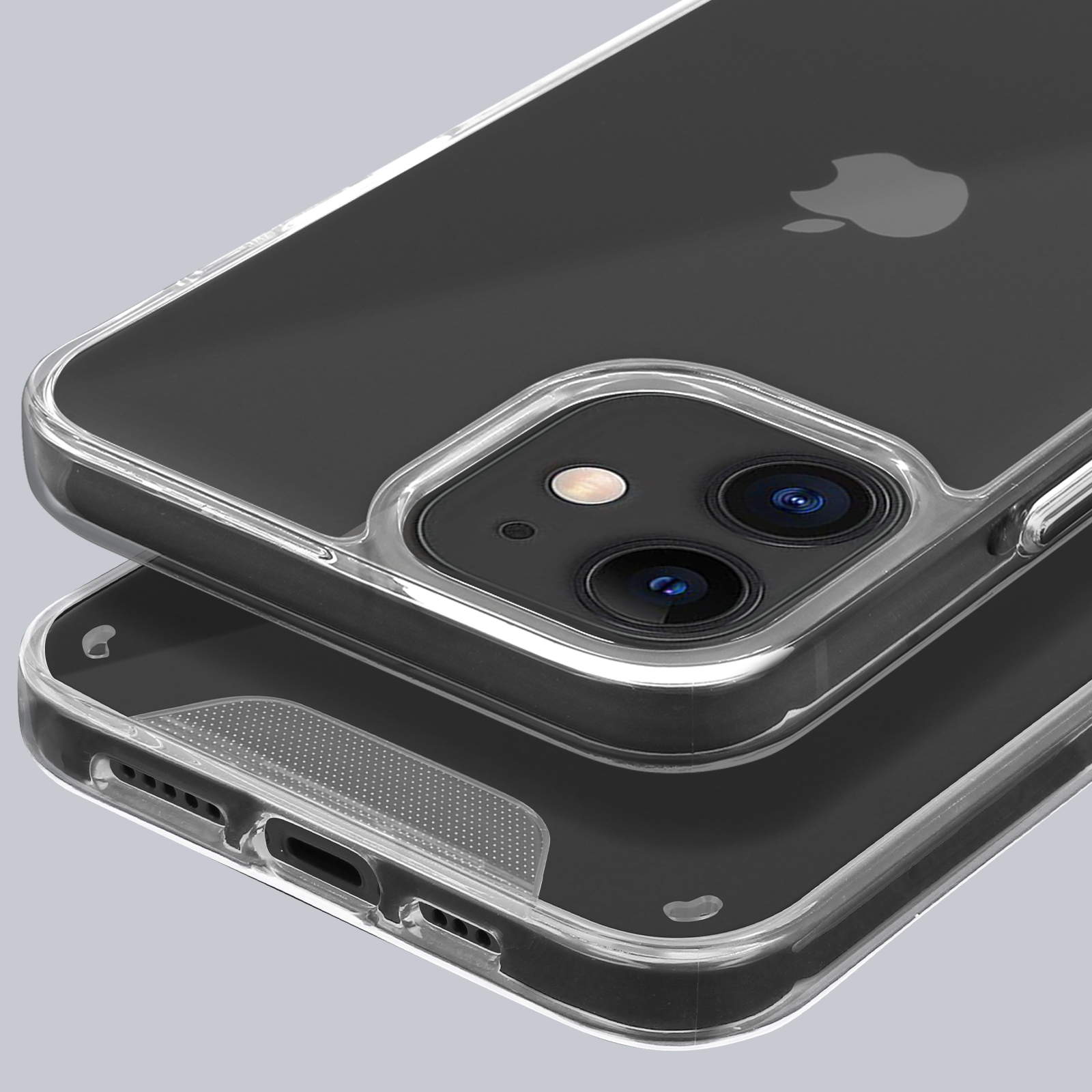 Custodia trasparente per telefono mostra il retro di un iPhone con fotocamere e logo Apple.
