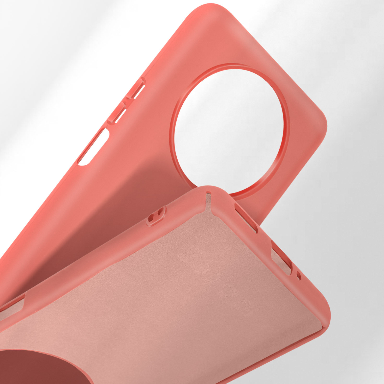 Custodia corallo per telefono con ritagli per fotocamera e pulsanti.