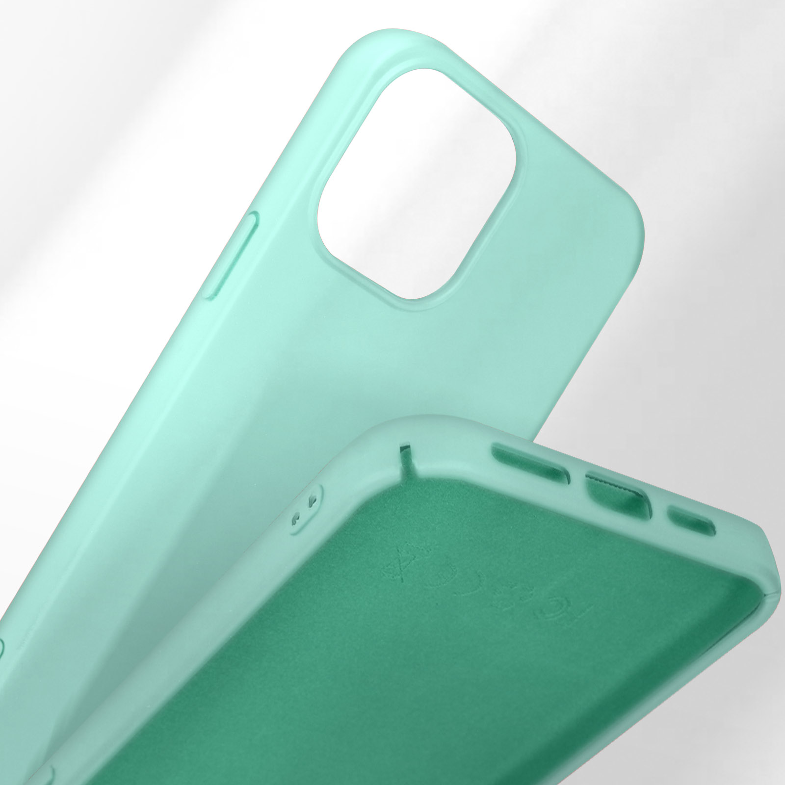 Twee turkooizen telefoonhoesjes op elkaar. Eén is open, ligt op de ander.