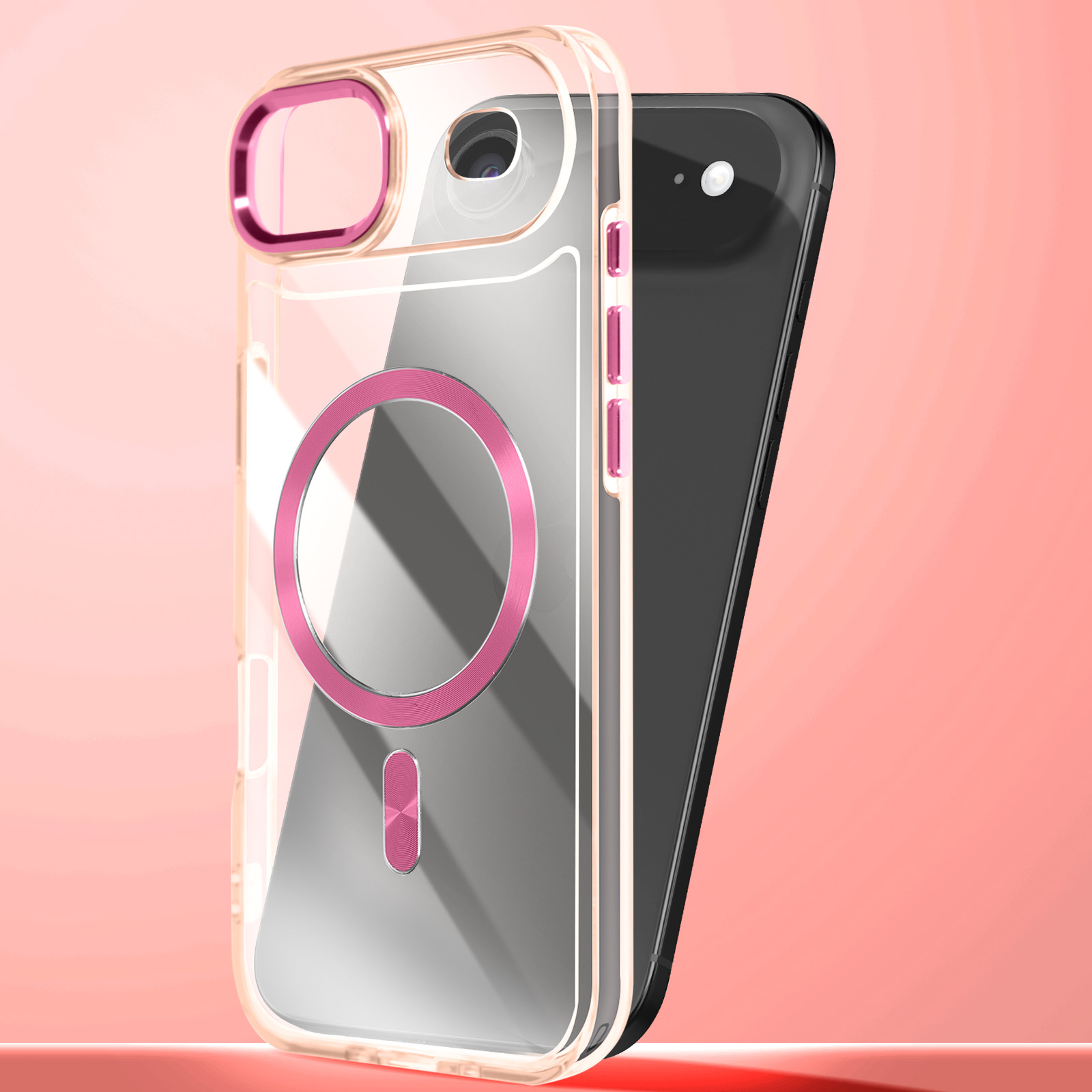 Doorzichtige telefoonhoes met roze accenten op een zwarte telefoon.