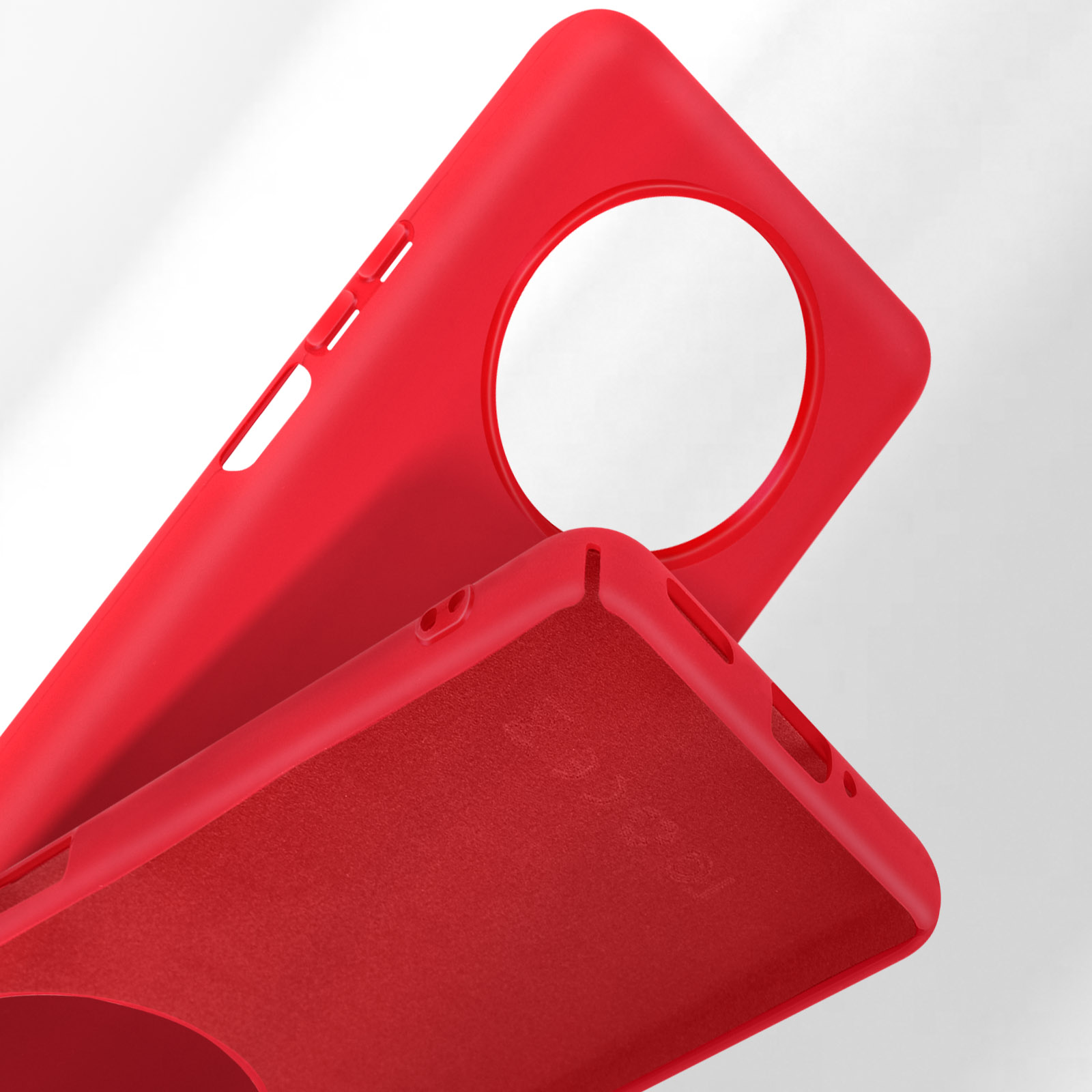 Coque de téléphone rouge avec découpes pour appareil photo et boutons.