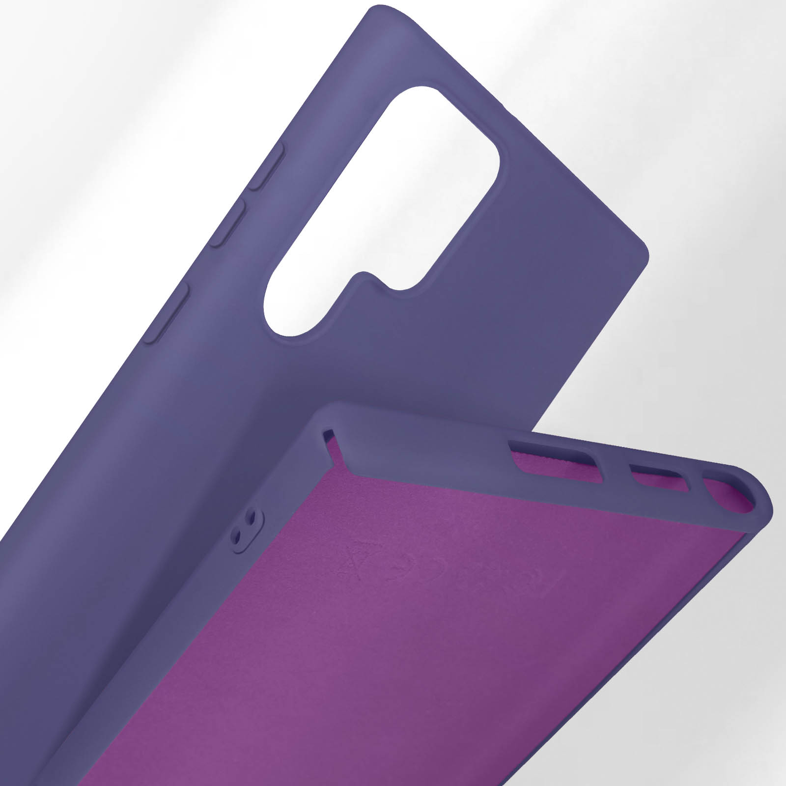 Custodia viola per telefono con interno viola, vista angolata su sfondo neutro.