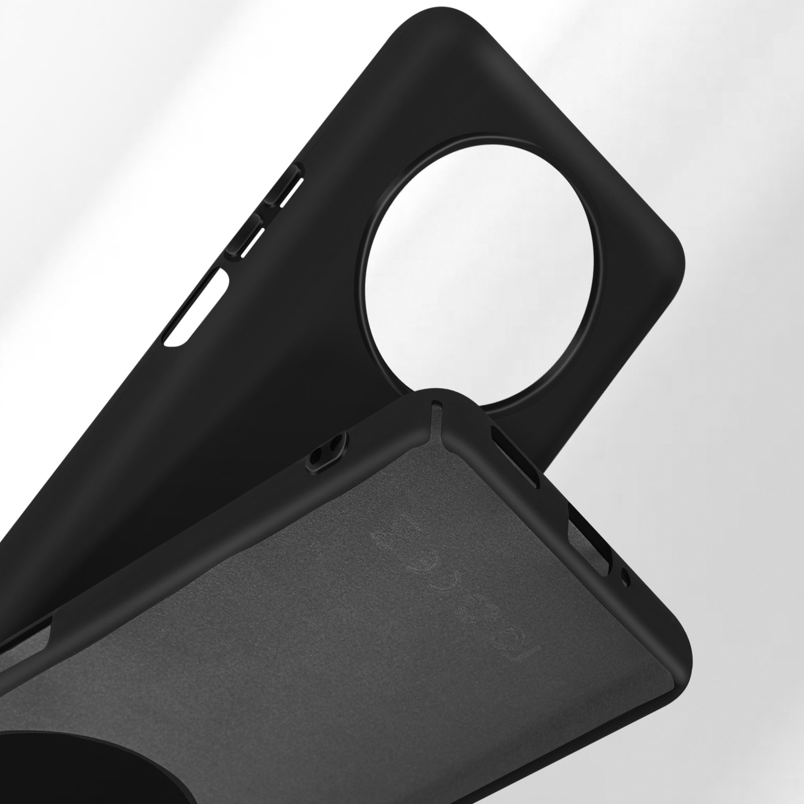 Zwarte telefoonhoes met ronde camerauitsparing en getextureerde binnenkant.