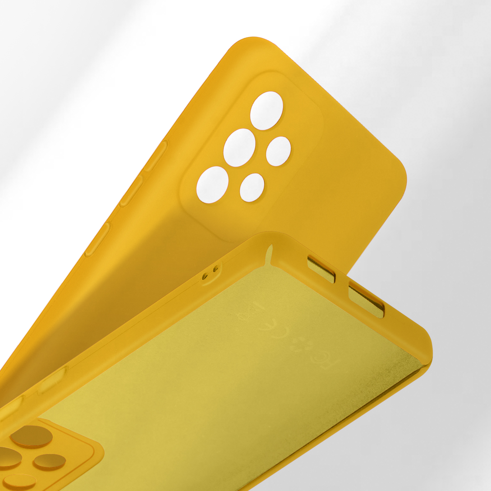 Twee gele telefoonhoesjes met uitsparingen voor camera's en knoppen.