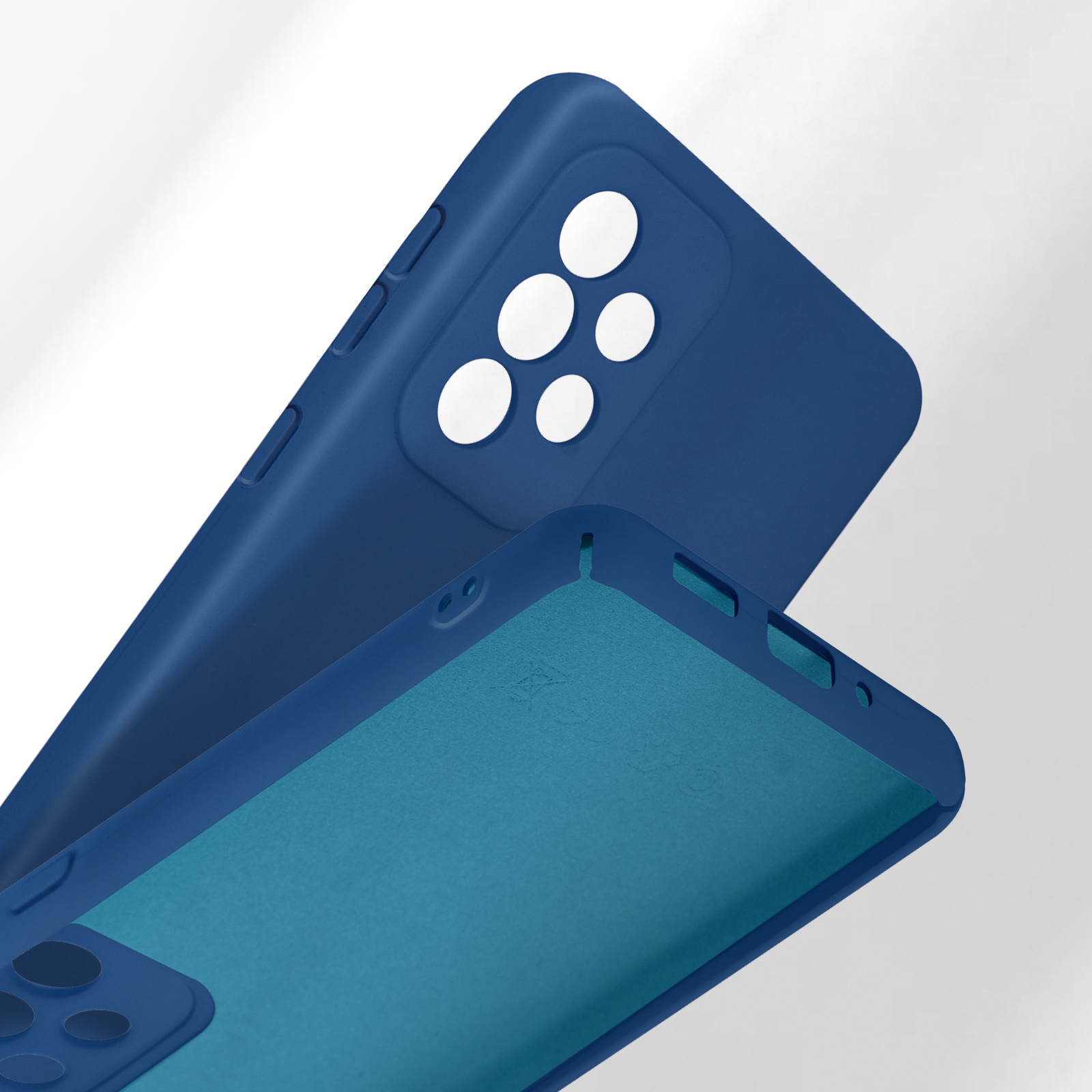 Una custodia per telefono blu che mostra il ritaglio della fotocamera e il rivestimento interno.