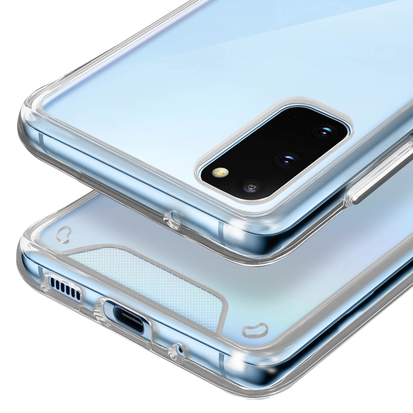 Custodia trasparente per telefono con ritaglio fotocamera e porta di ricarica.