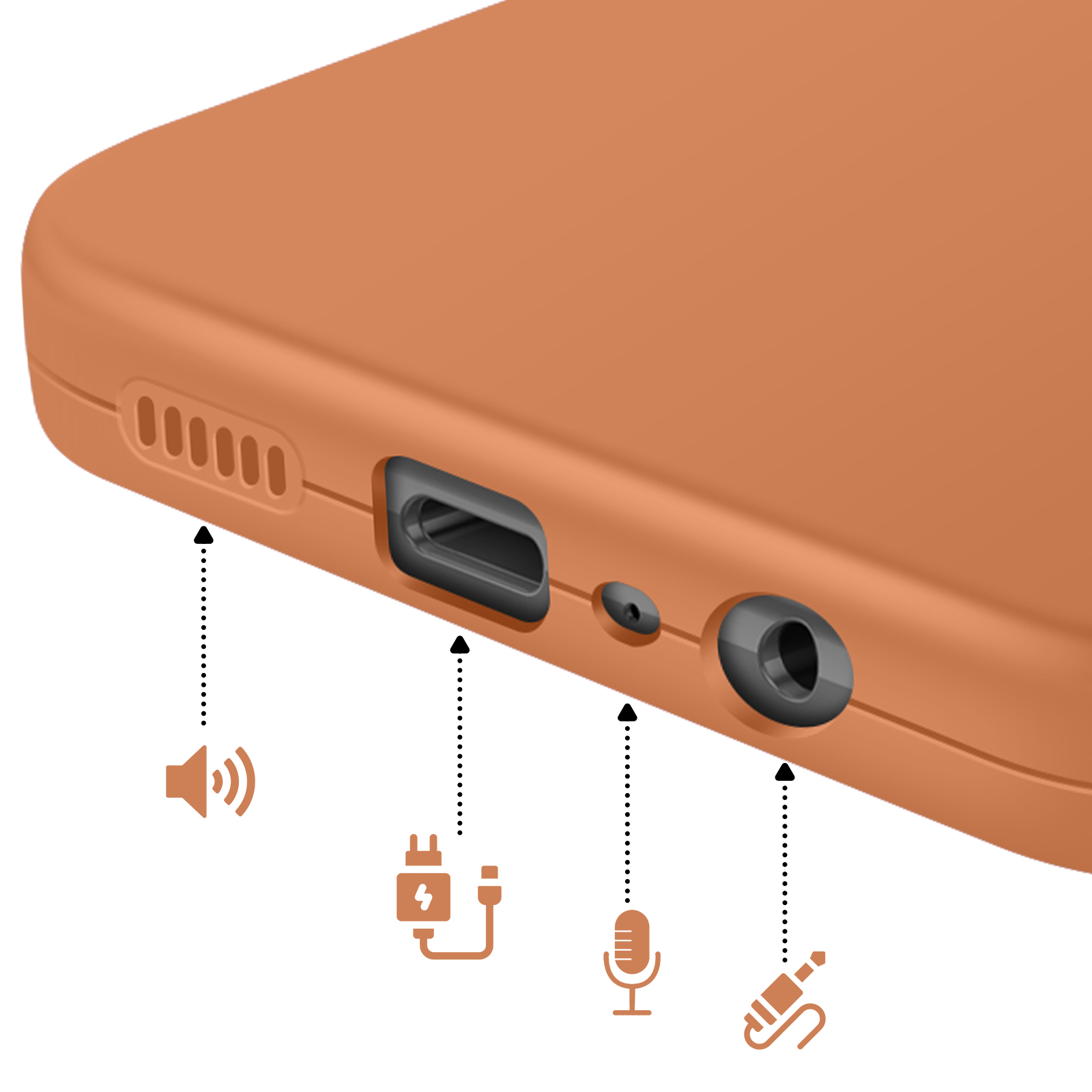 Cover arancione per telefono con altoparlante, ricarica, microfono e porte cuffie.