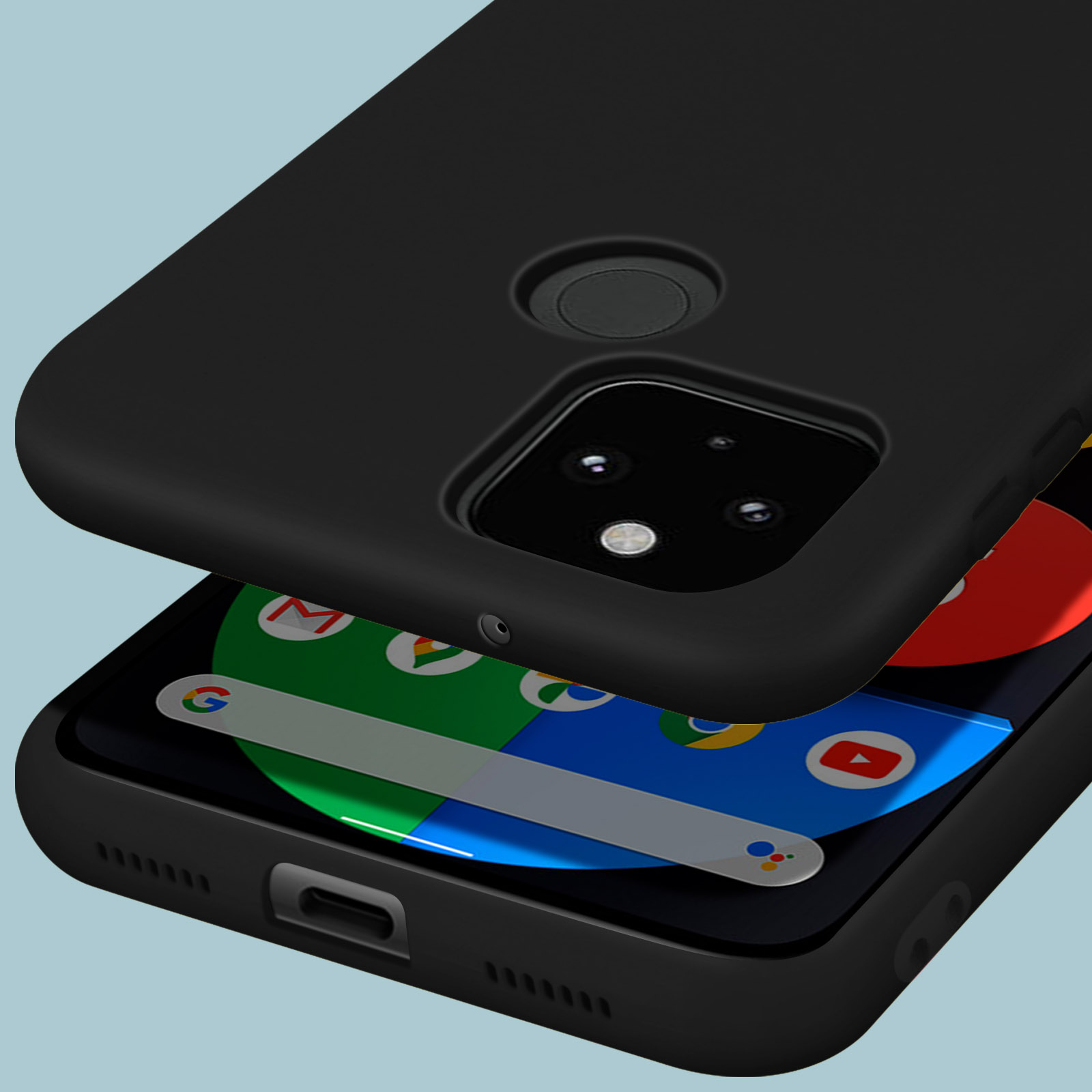 Zwarte telefoon met camera's en apps op het scherm.