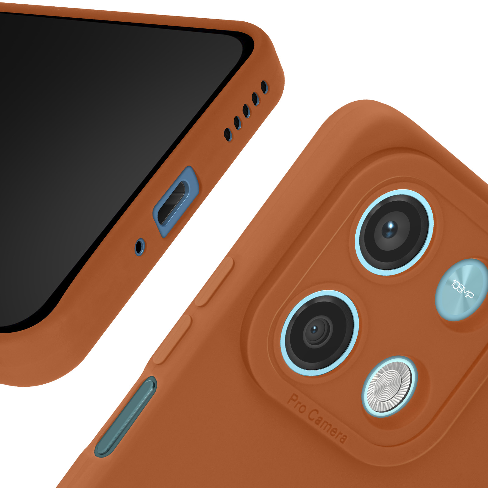 Custodia arancione per telefono con obiettivi della fotocamera e testo 108MP.