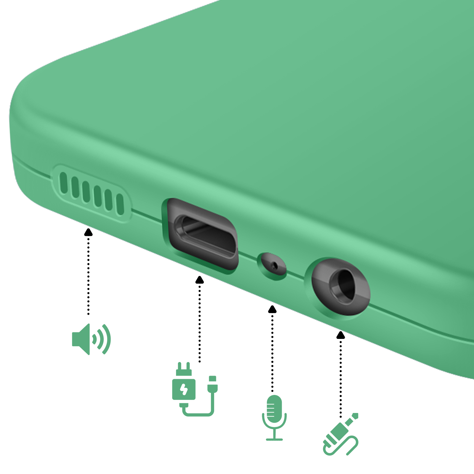 Custodia verde per telefono con porte: altoparlante, USB-C, microfono, jack cuffie.